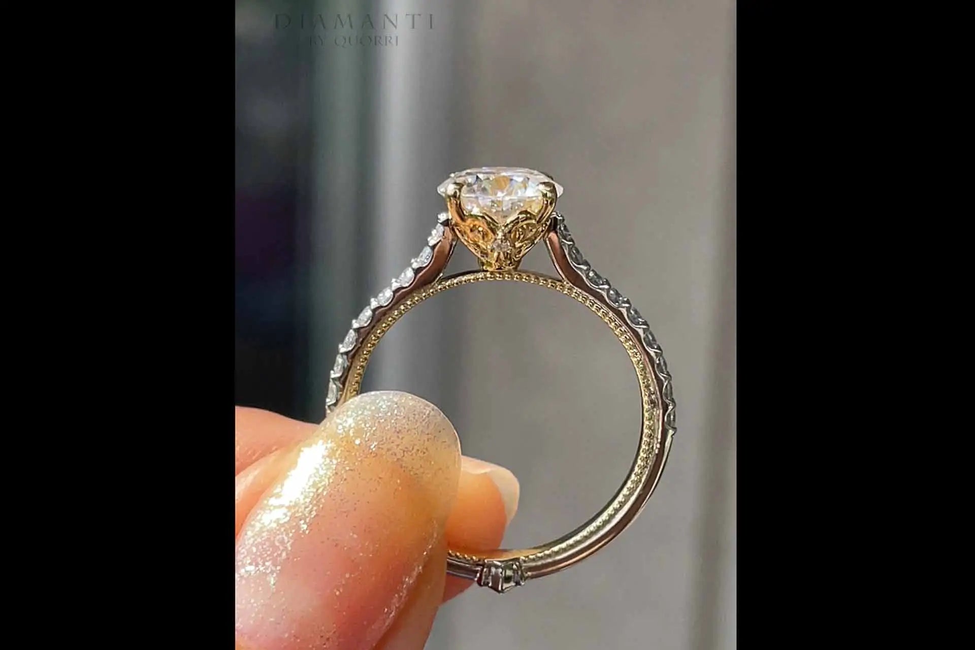 two-tone vintage accented 2 carat round lab made diamond engagement ring Quorri