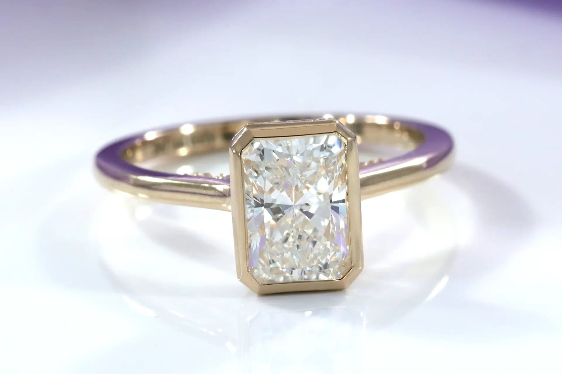 3.5 carat 18k yellow gold radiant lab made diamond bezel under-halo engagement ring Quorri