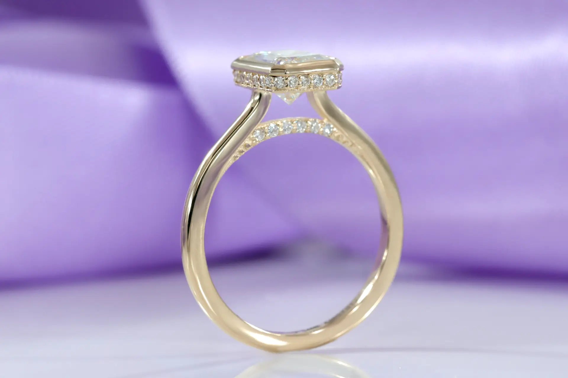 4 carat 18k yellow gold radiant lab diamond bezel under-halo engagement ring Quorri