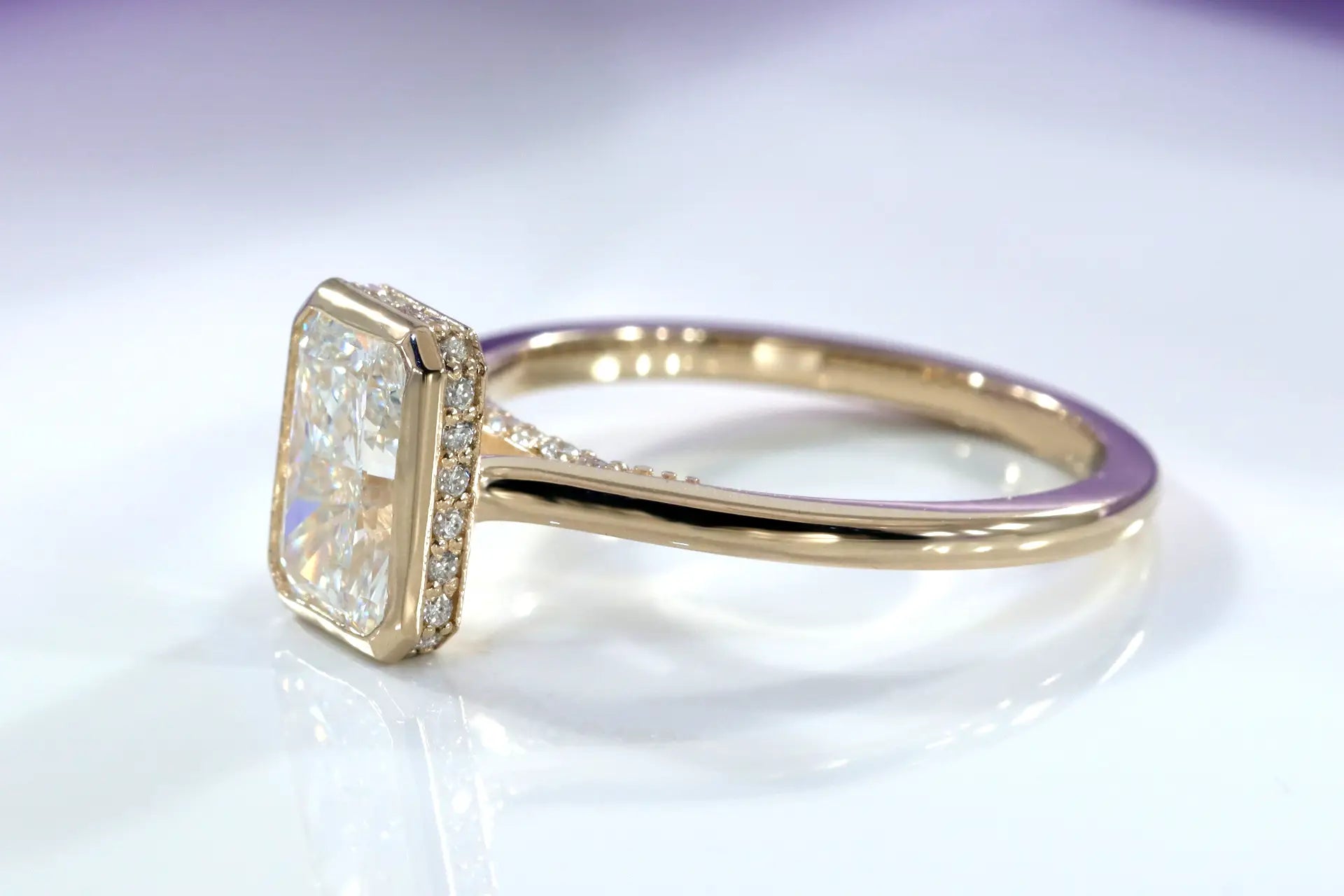 3 carat 18k yellow gold radiant lab created diamond bezel under-halo engagement ring Quorri