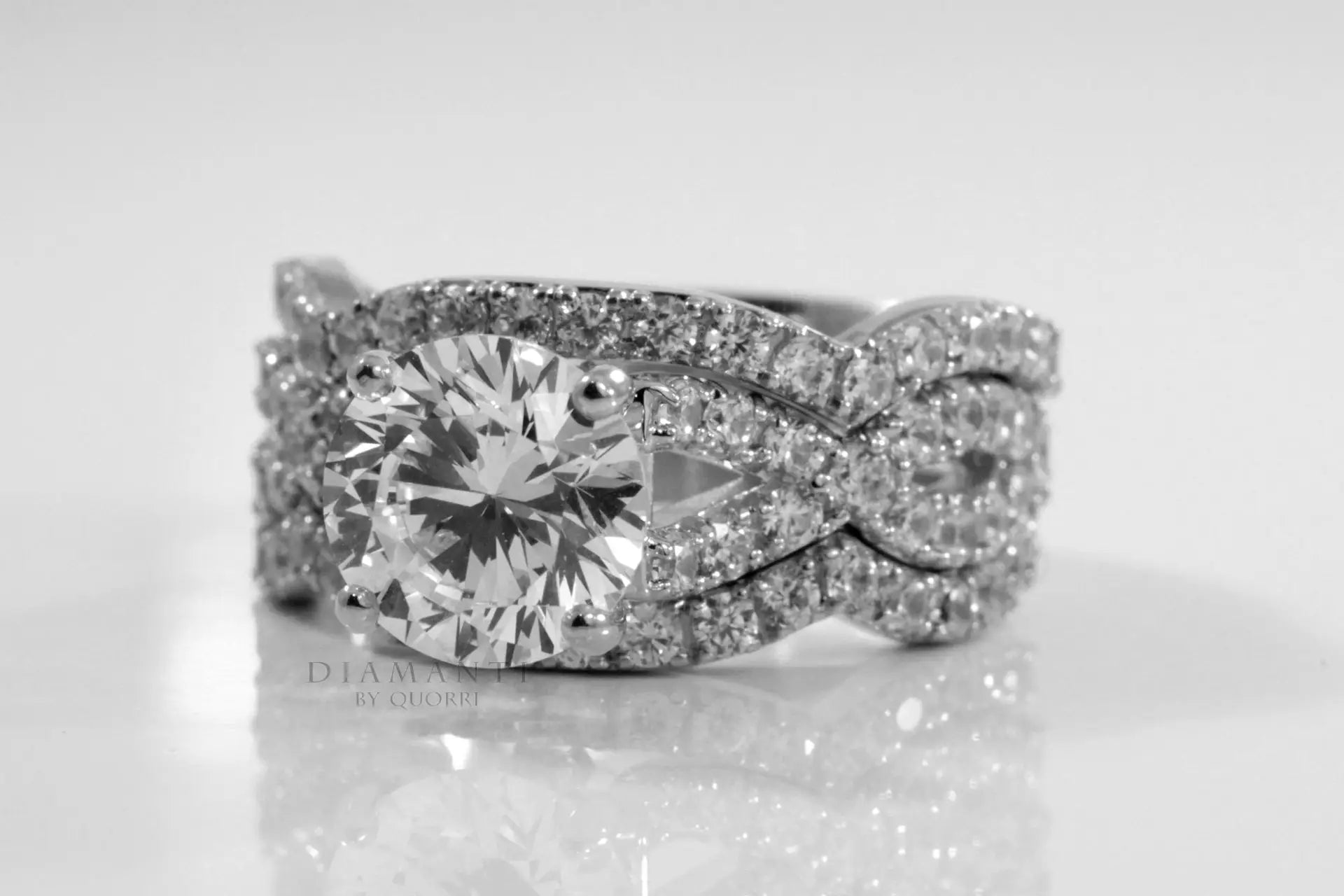 split accented band 2ct round lab diamond engagement ring and matching bands