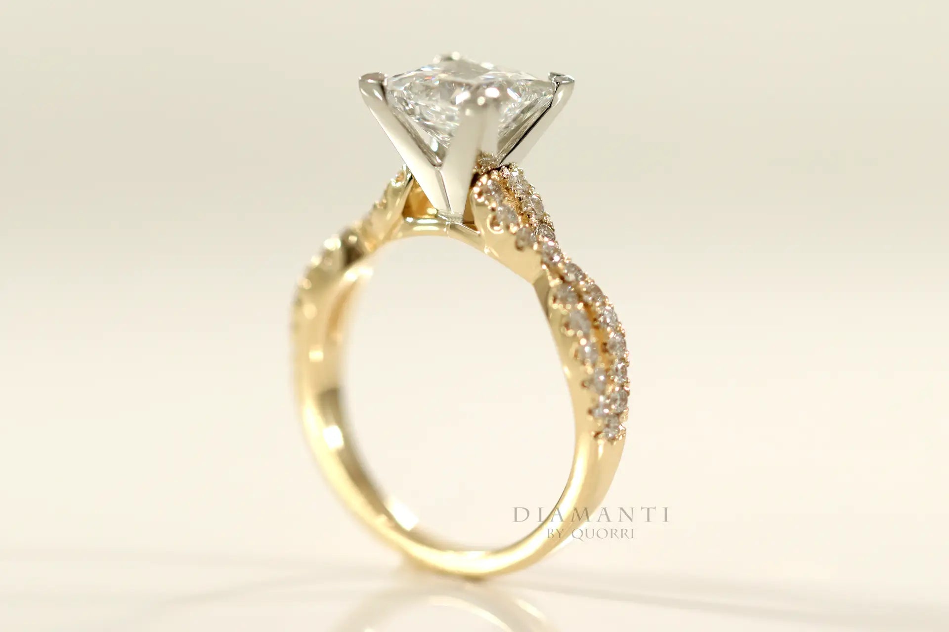 two-tone gold accented 2 carat princess lab created diamond engagement ring Quorri 