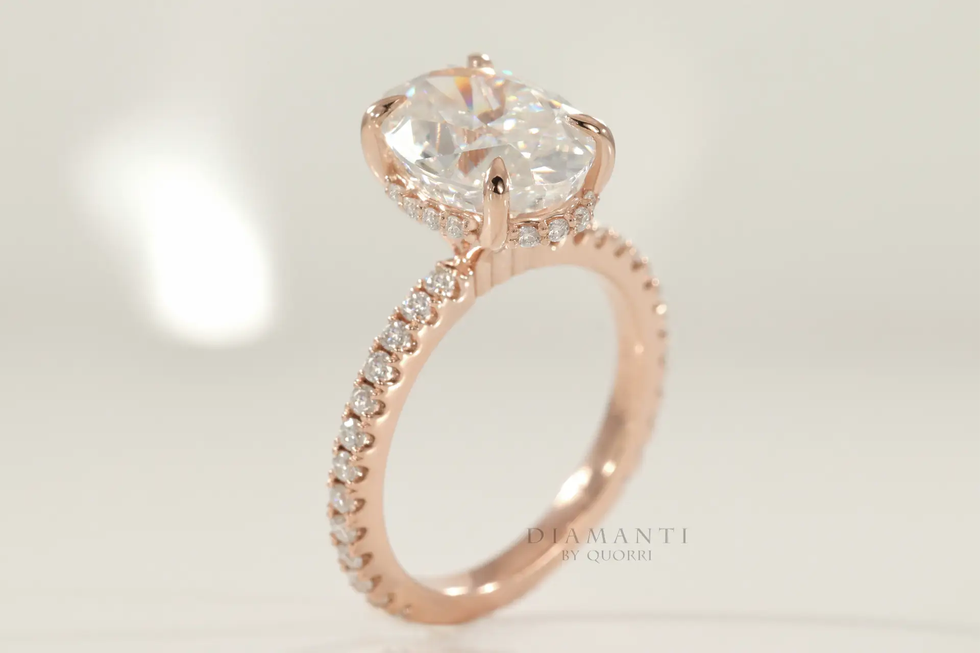 claw prong rose gold under halo oval lab diamond engagement ring