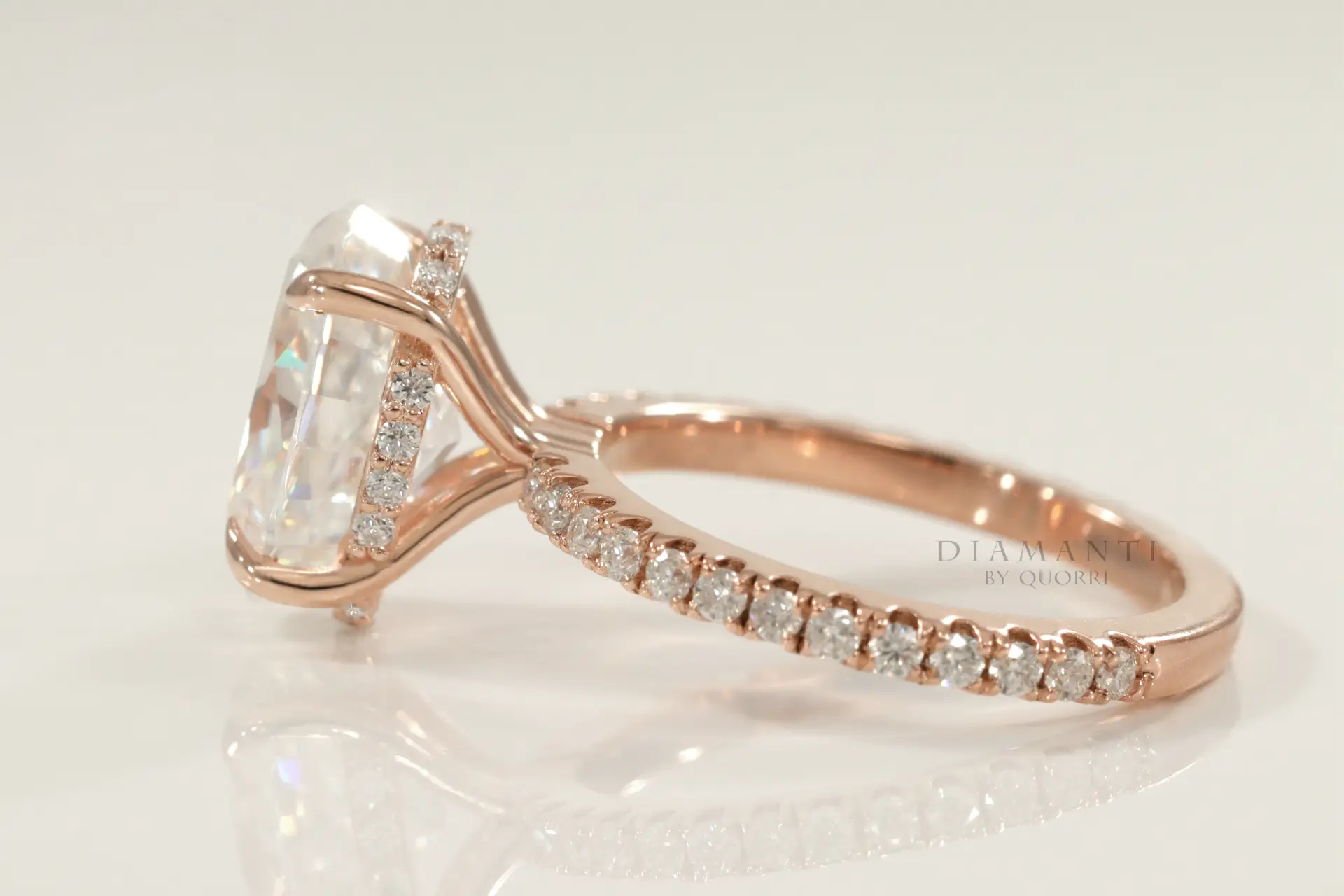 claw prong 14k rose gold under halo 3ct oval lab diamond engagement ring