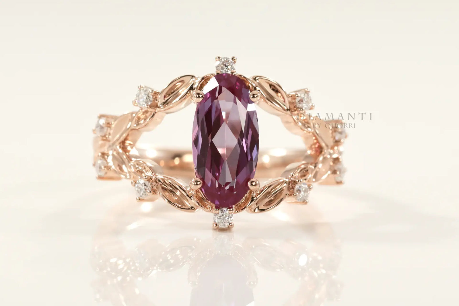 vintage rose gold 3 carat lab grown purple alexandrite engagement ring Quorri