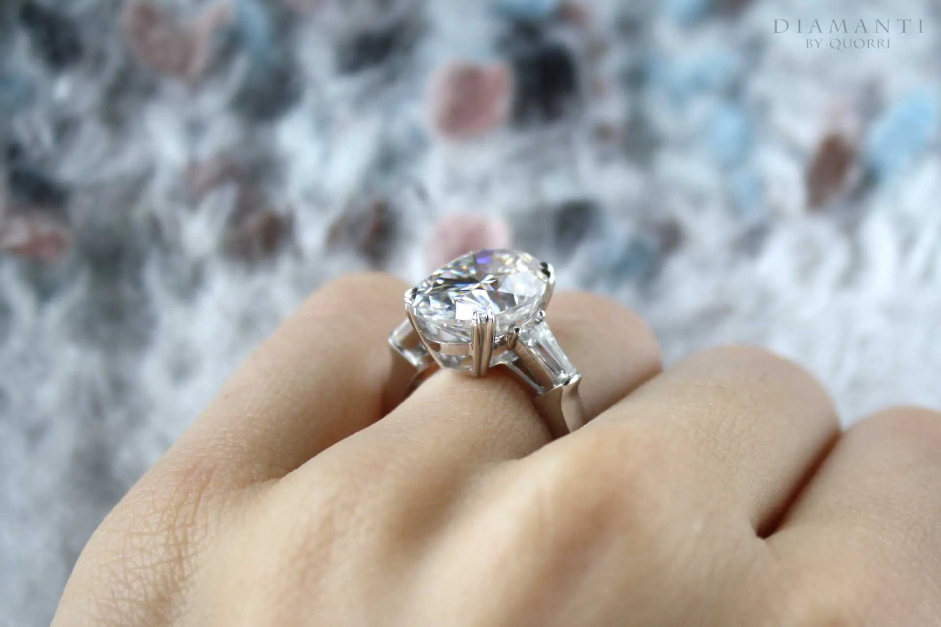 dual claw 4 carat oval three stone 14k white lab diamond engagement ring Quorri
