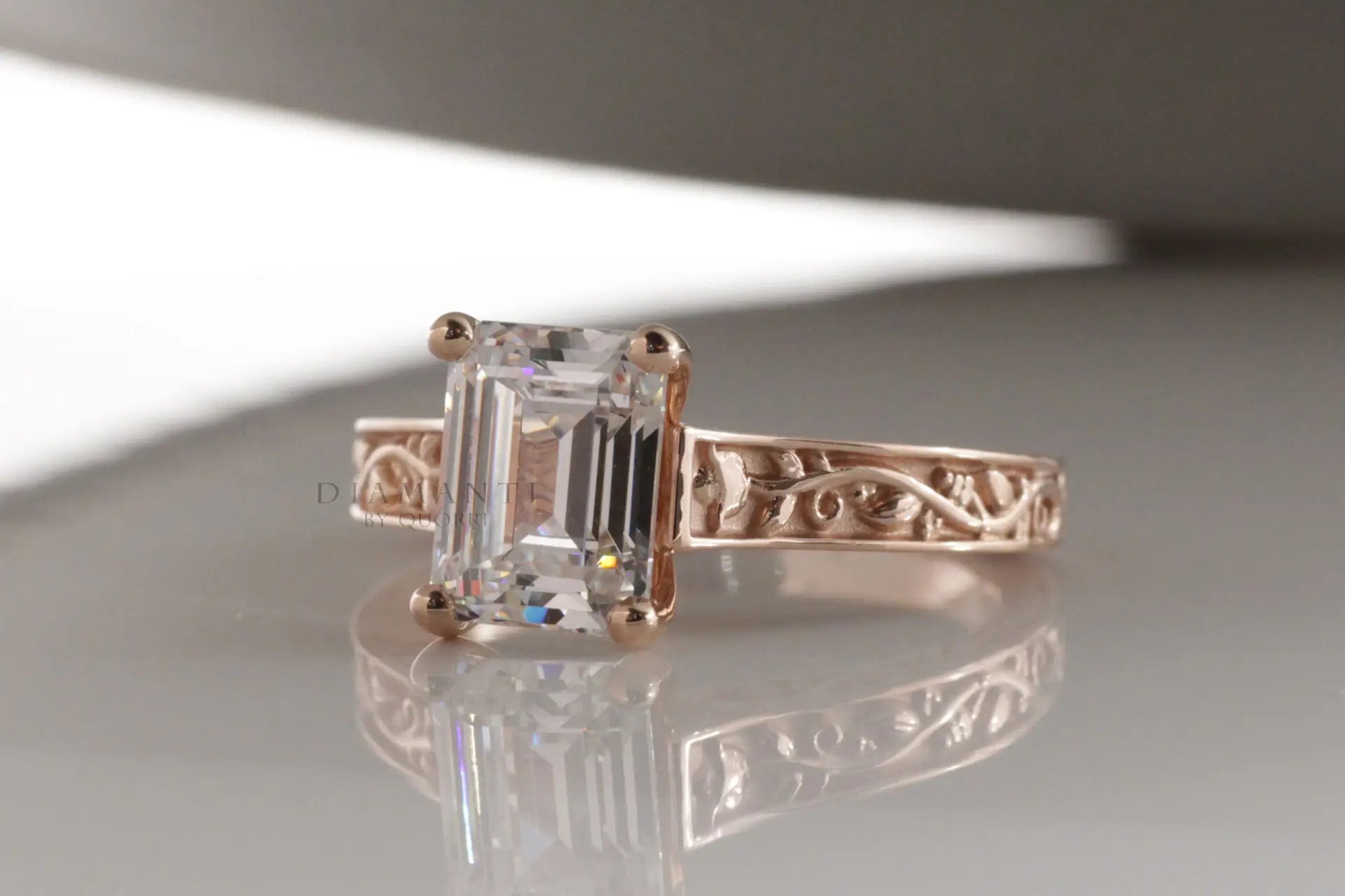14k rose gold rose vine motif emerald cut lab diamond solitaire engagement ring