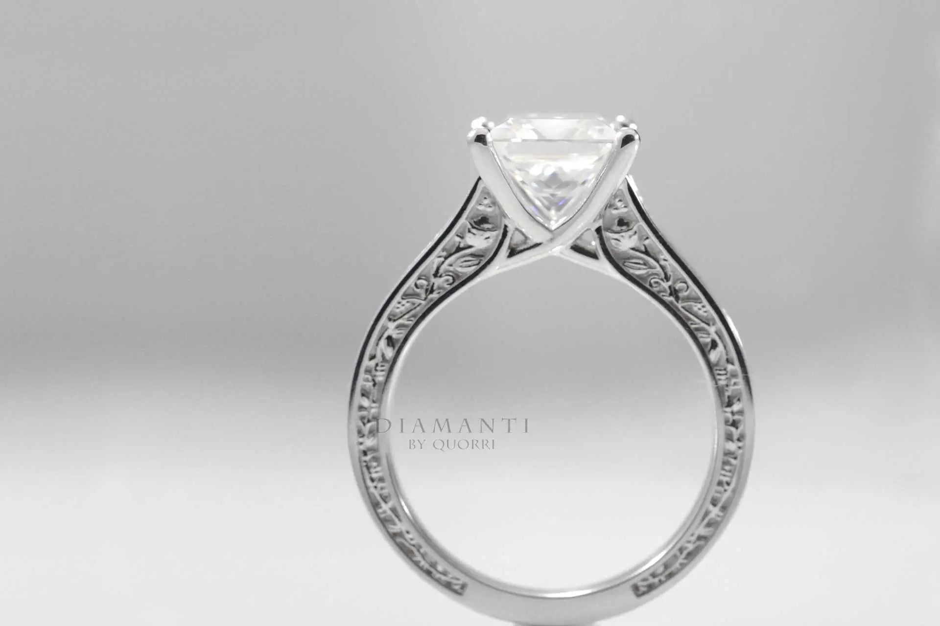 14k white gold 2 carat rose motif emerald cut lab diamond solitaire engagement ring