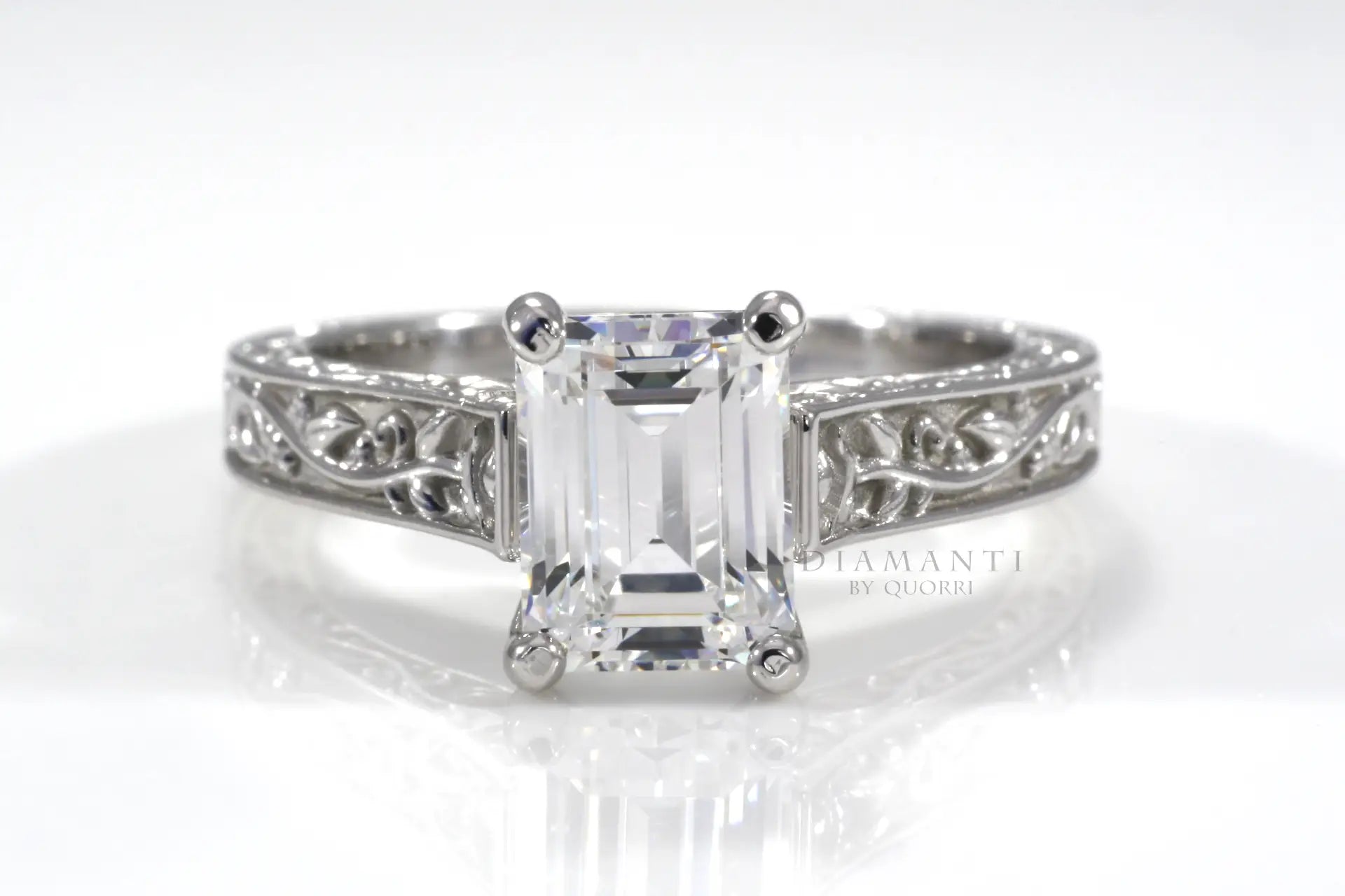 white gold rose motif emerald cut lab diamond solitaire engagement ring