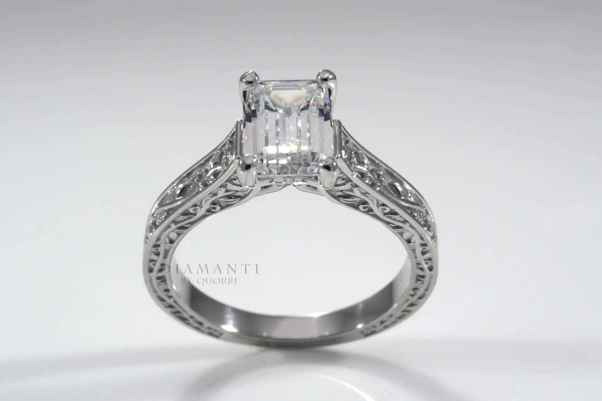 four prong rose motif 2.00 carat emerald cut lab diamond solitaire engagement ring