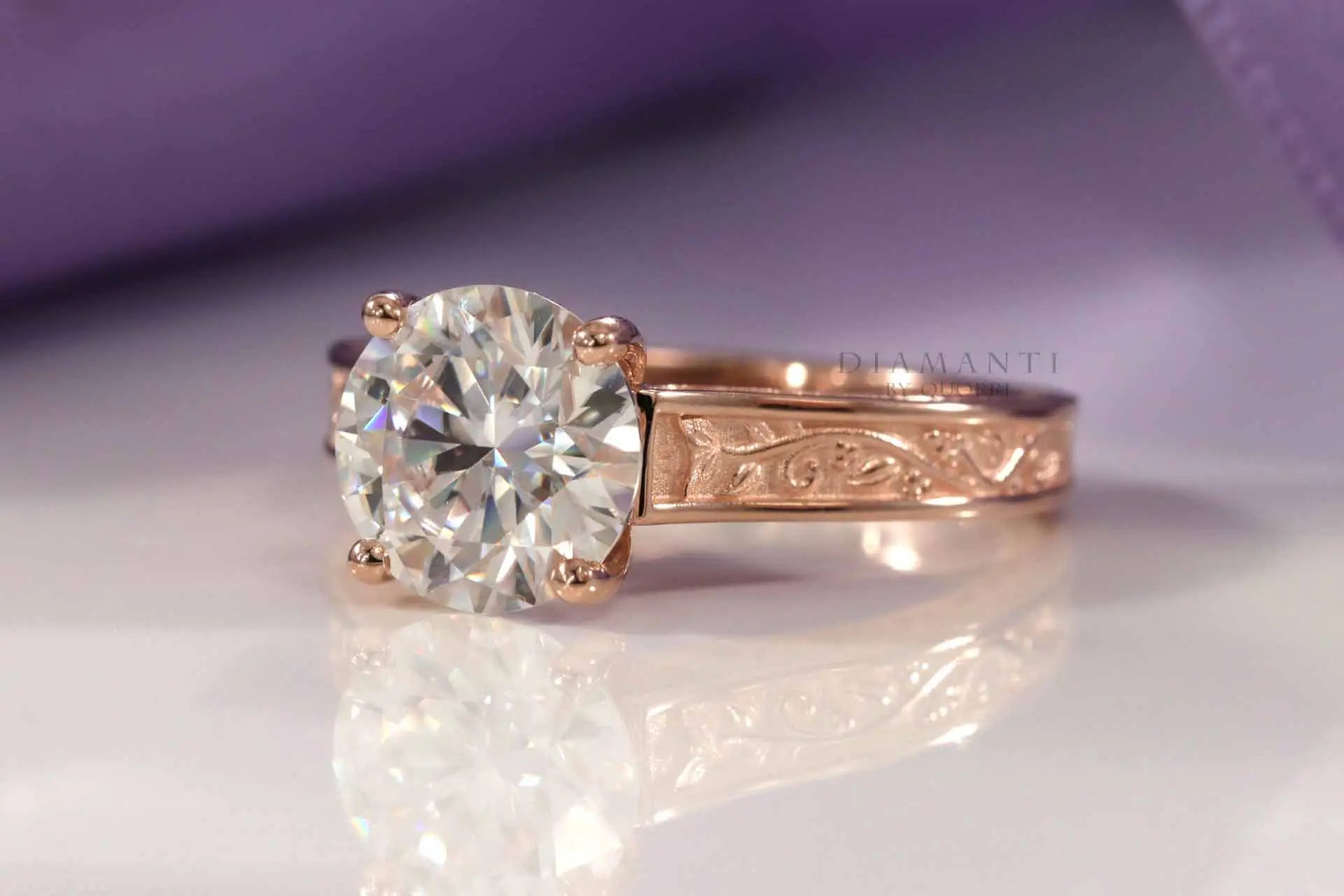 14k rose gold antique rose motif round lab made diamond engagement ring