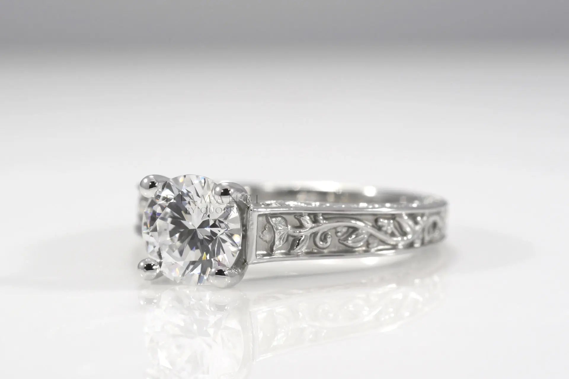antique rose motif round lab diamond engagement ring