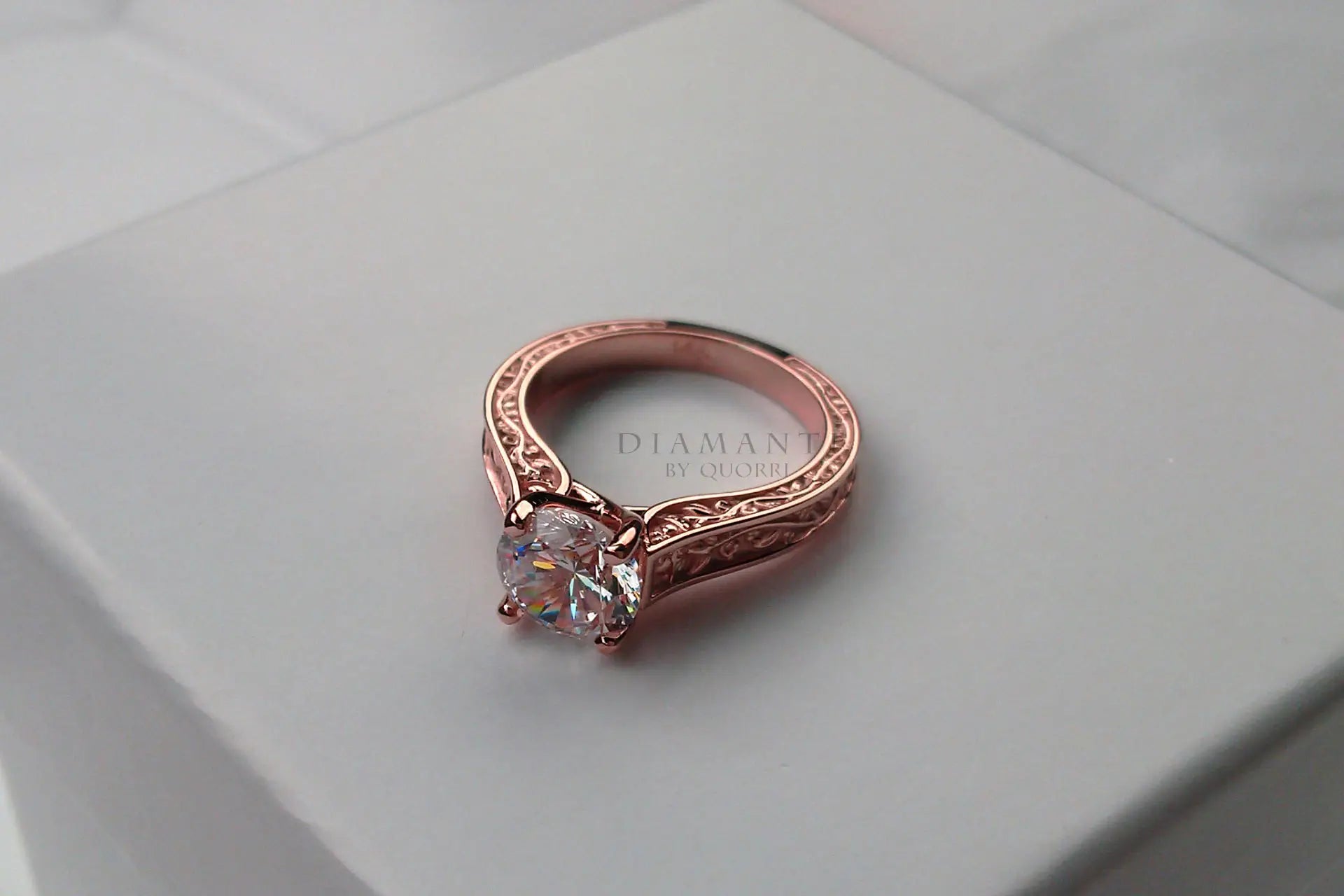 rose gold antique rose motif round lab created diamond engagement ring