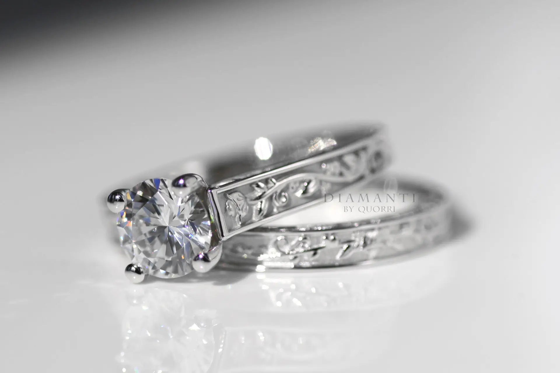 18k white gold hand engraved rose motif wedding ring and  band Quorri