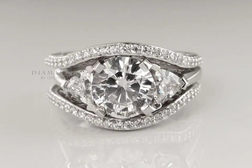 18k white gold affordable hand engraved round accented lab diamond wedding ring and band Quorri