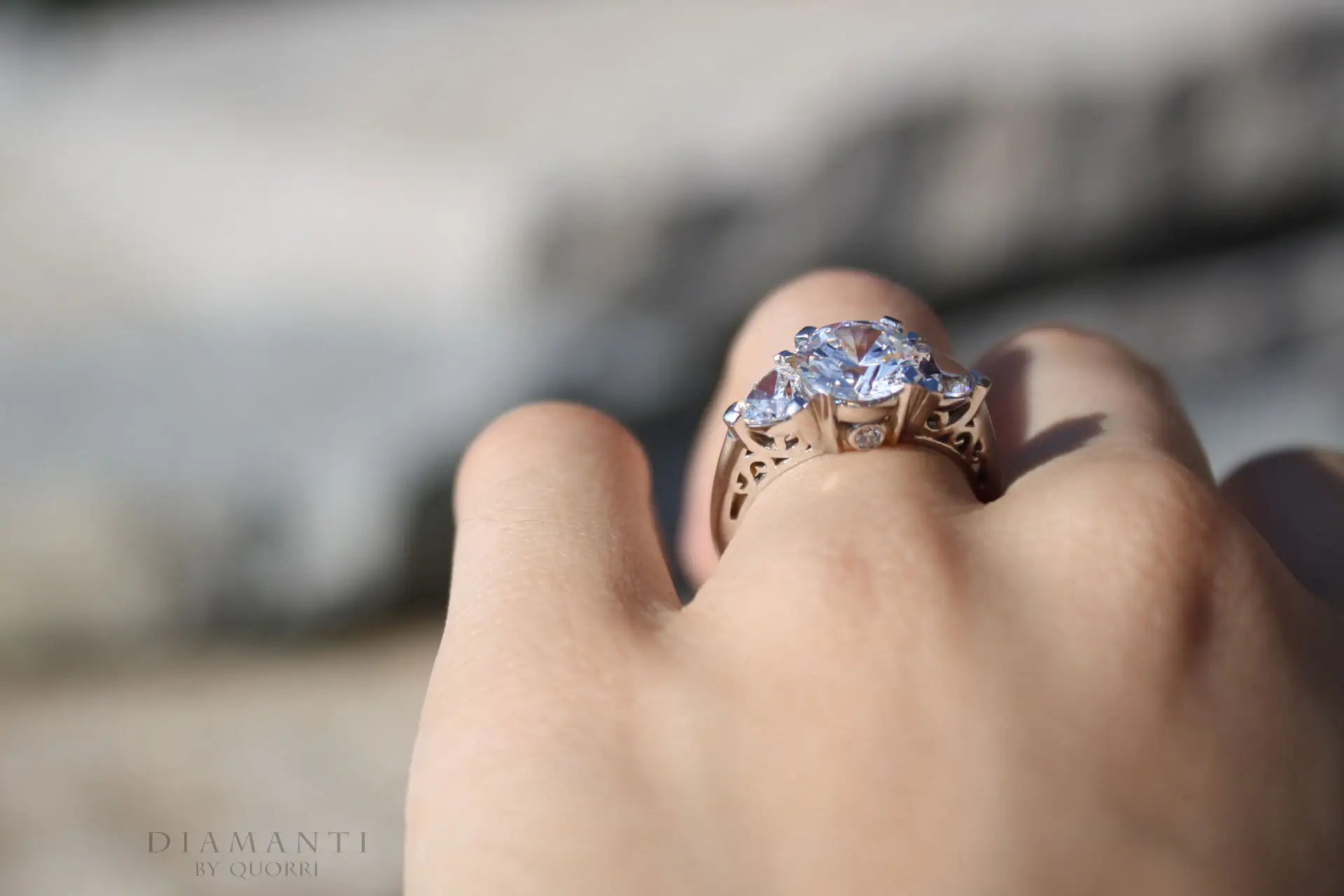 designer three stone trilogy 2.5ct round and trillion lab diamond engagement ring Quorri