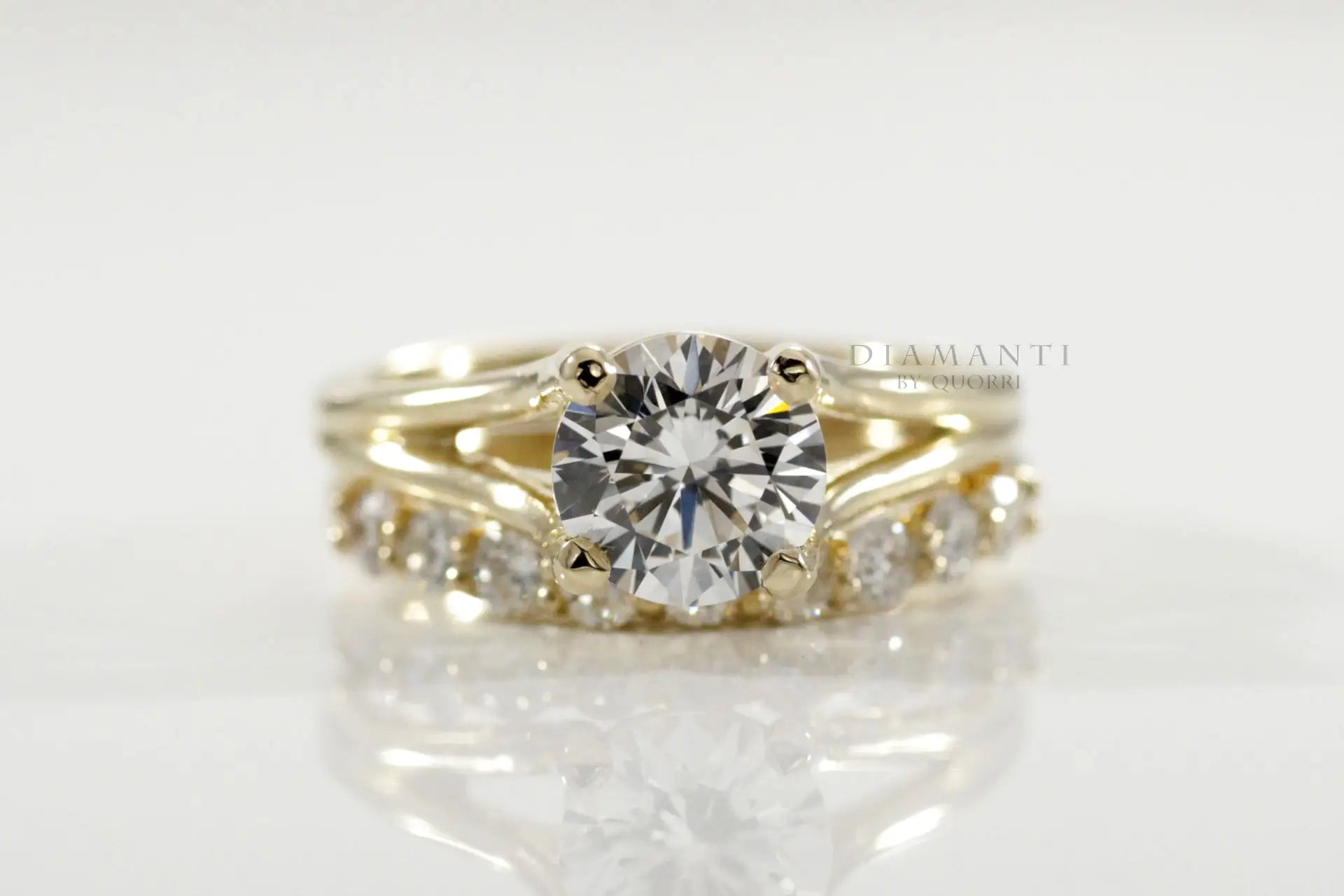 split shank 18k yellow gold 2ct round lab diamond engagement ring and wedding band set Quorri