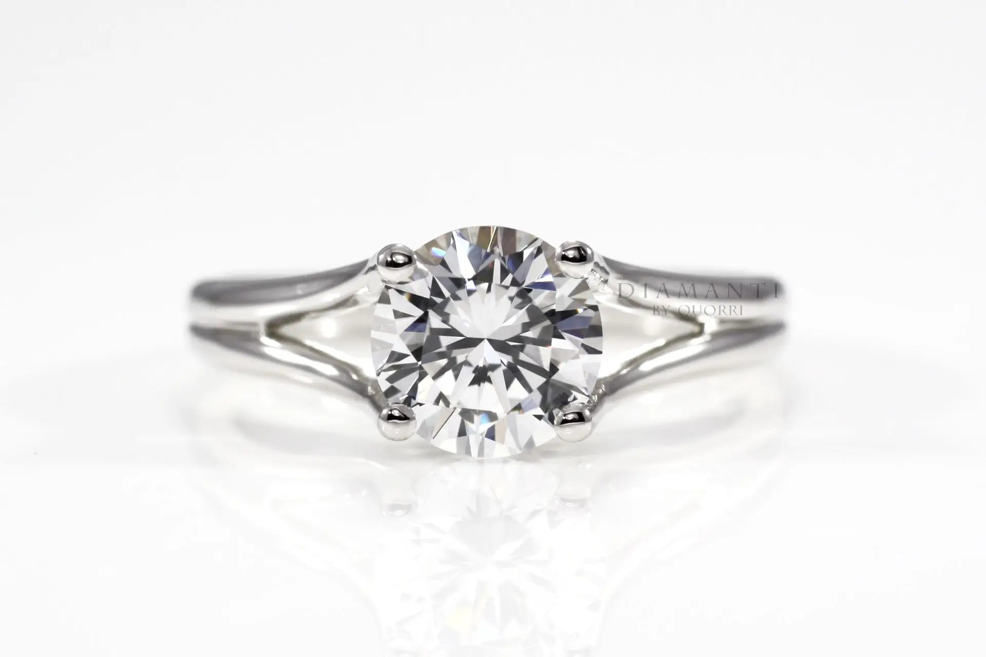 split shank white gold round lab diamond engagement ring Quorri
