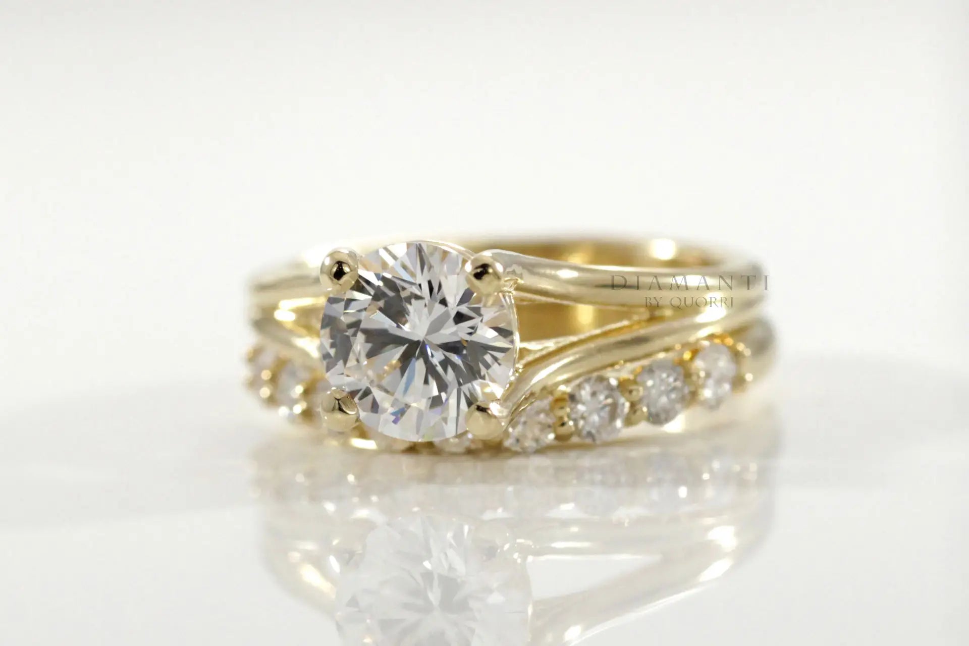 designer affordable yellow gold round accented lab diamond ring and wedding band set Quorri