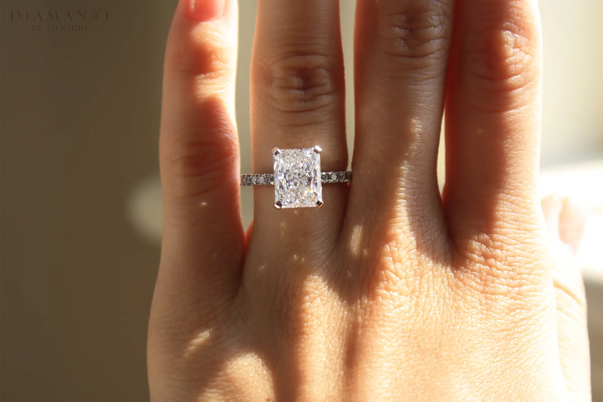 affordable under-halo accented 4 carat radiant white gold lab diamond engagement ring Quorri