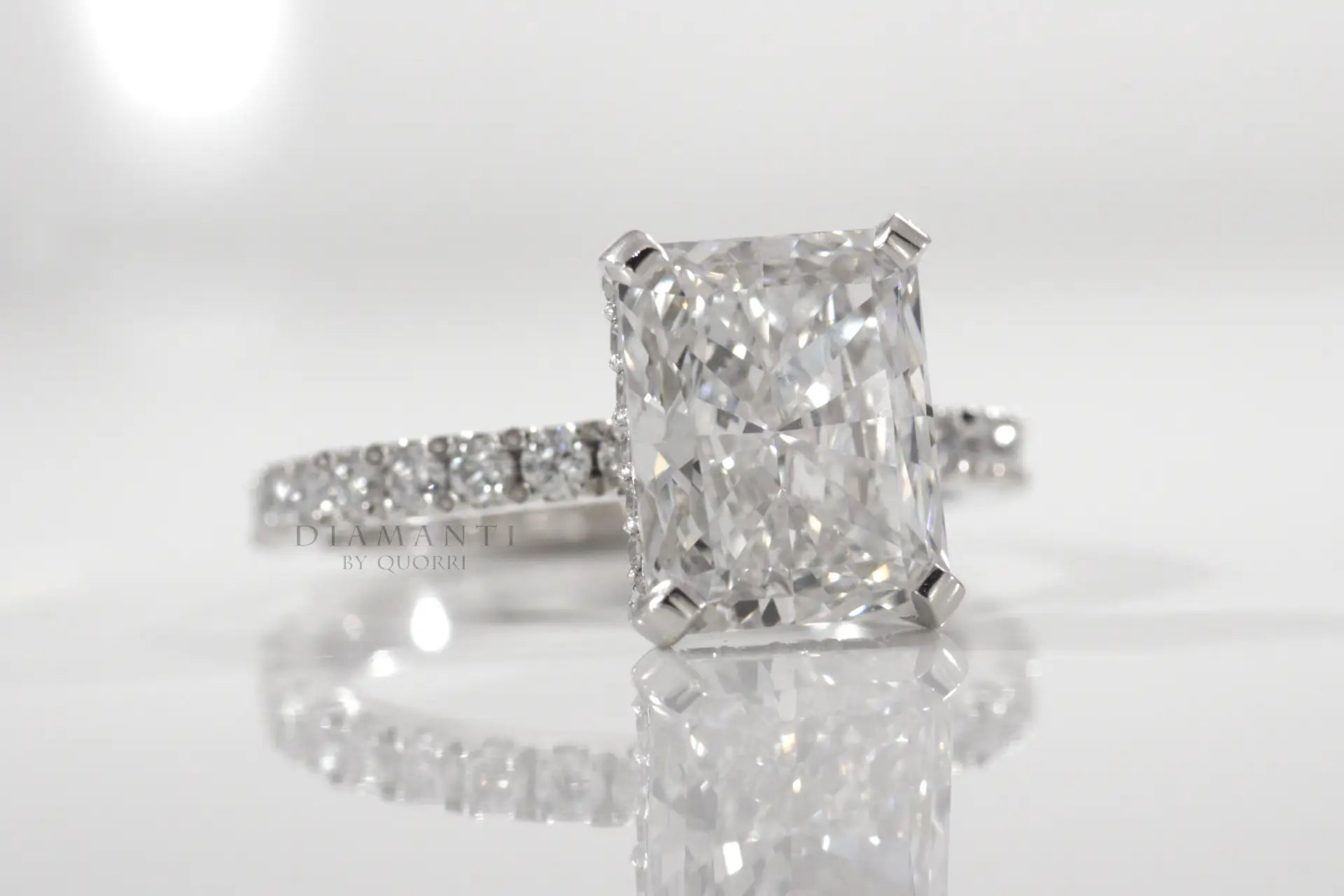 2.5 carat platinum under-halo accented radiant lab diamond engagement ring Quorri