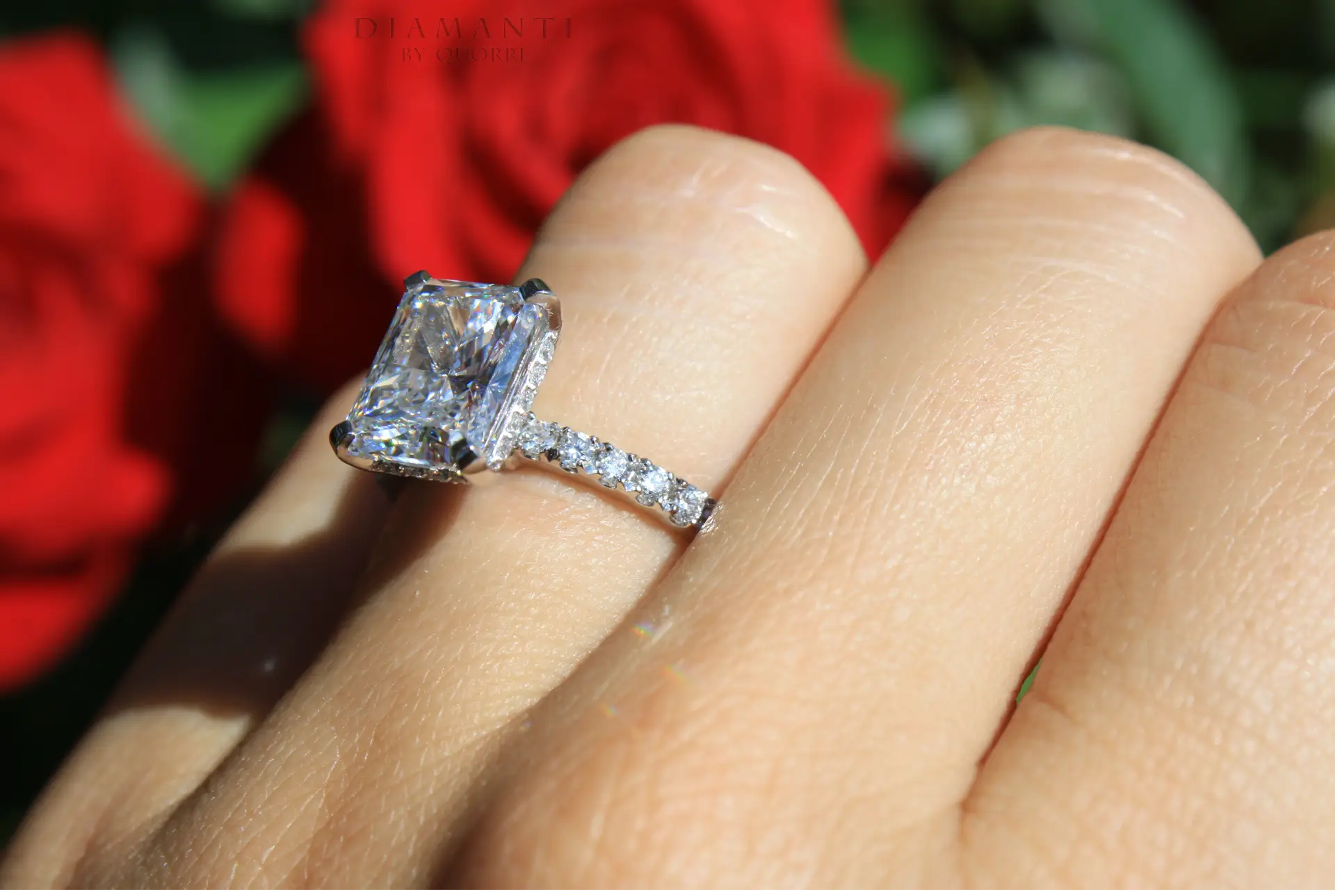 2.5 carat white gold under-halo accented radiant lab grown diamond engagement ring Quorri