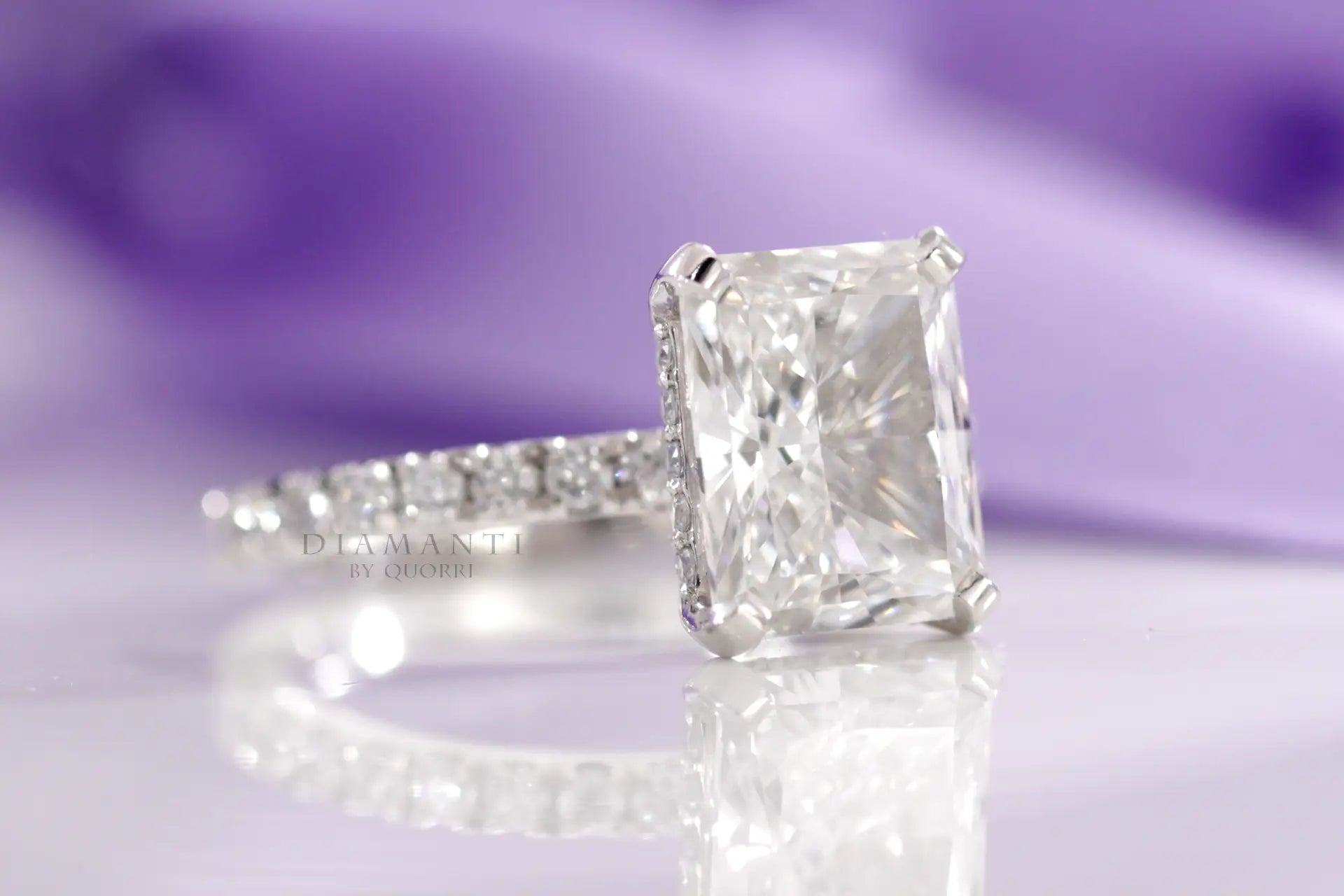 3 carat under-halo accented radiant lab diamond engagement ring Quorri