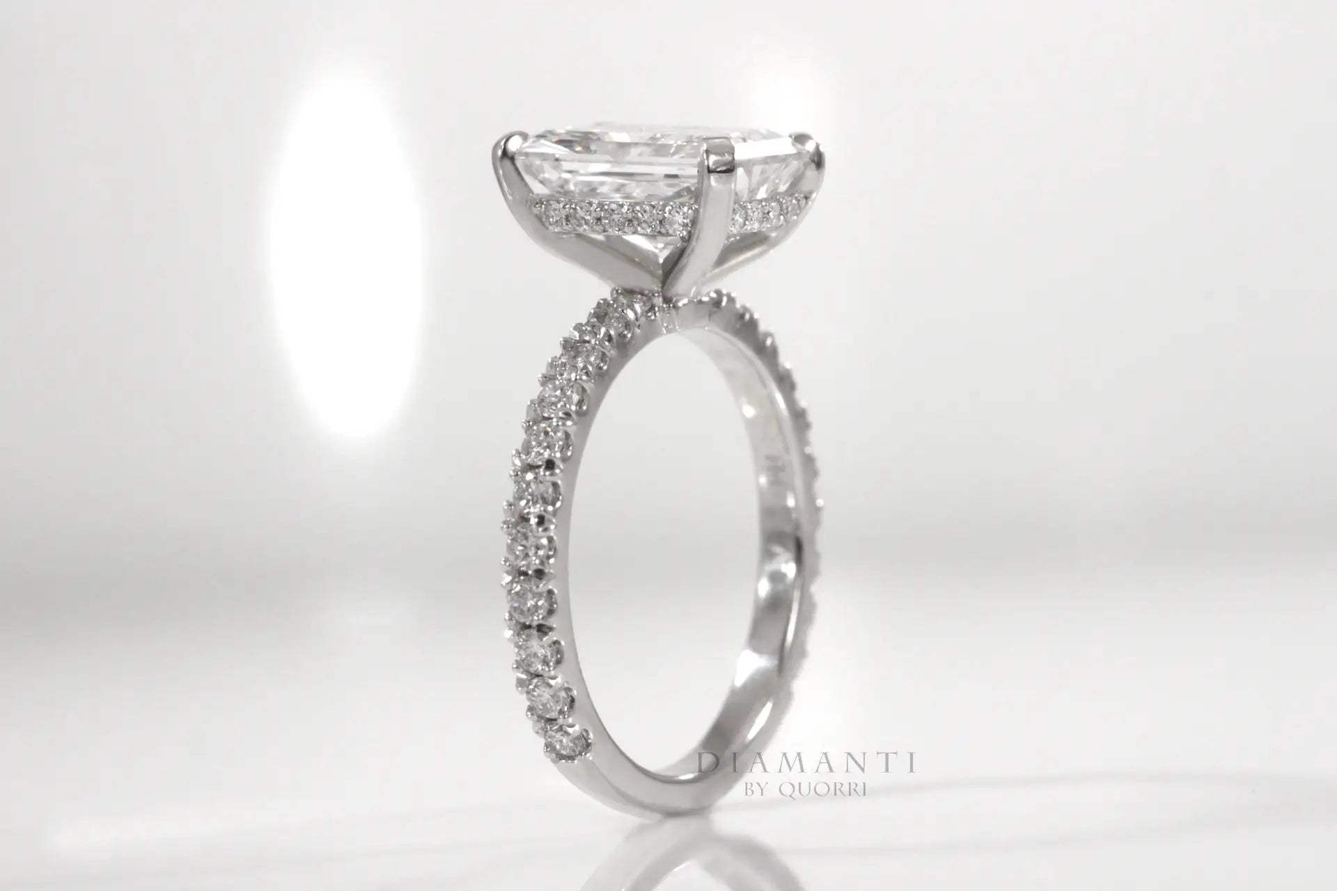 4 carat 18k white gold under-halo accented radiant lab diamond engagement ring Quorri