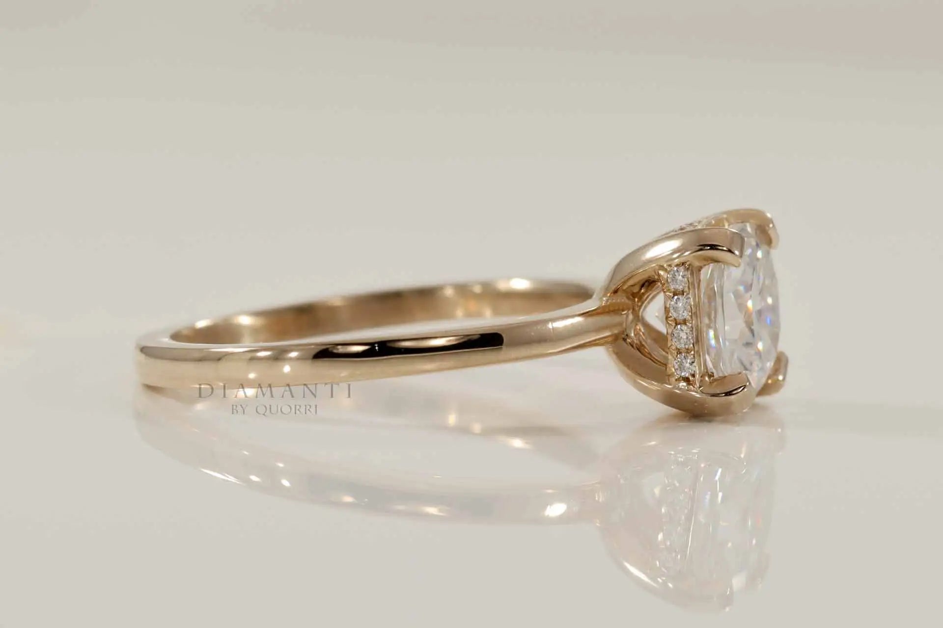18k yellow gold accented under halo 2ct cushion lab diamond engagement ring