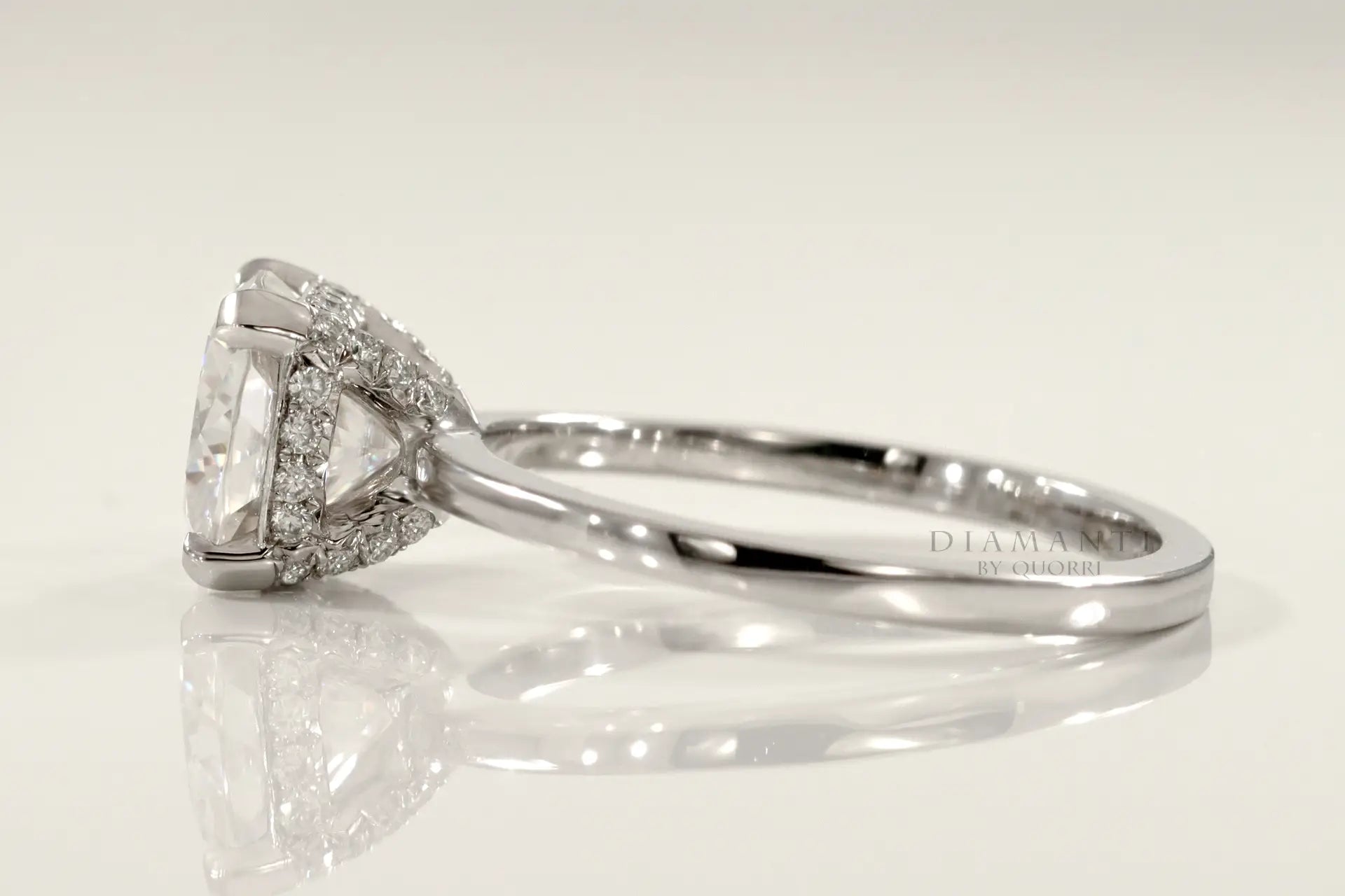 14k white gold designer accented basket cushion lab diamond engagement ring Quorri