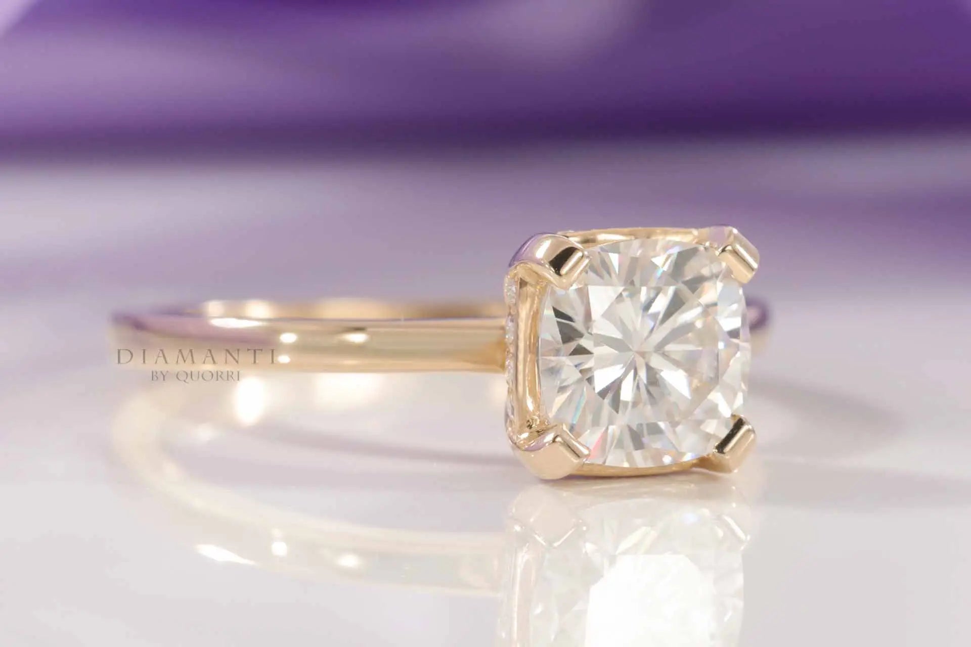2 carat 18k yellow gold designer accented basket cushion lab diamond engagement ring Quorri
