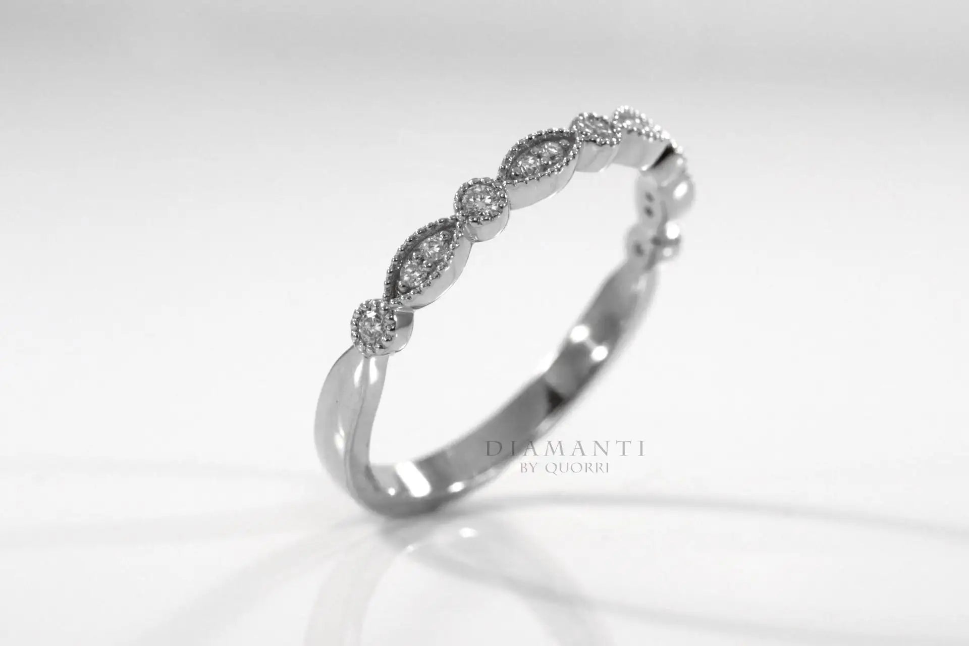 designer Millgrain round and eye shape 14k white gold lab created diamond wedding band Quorri