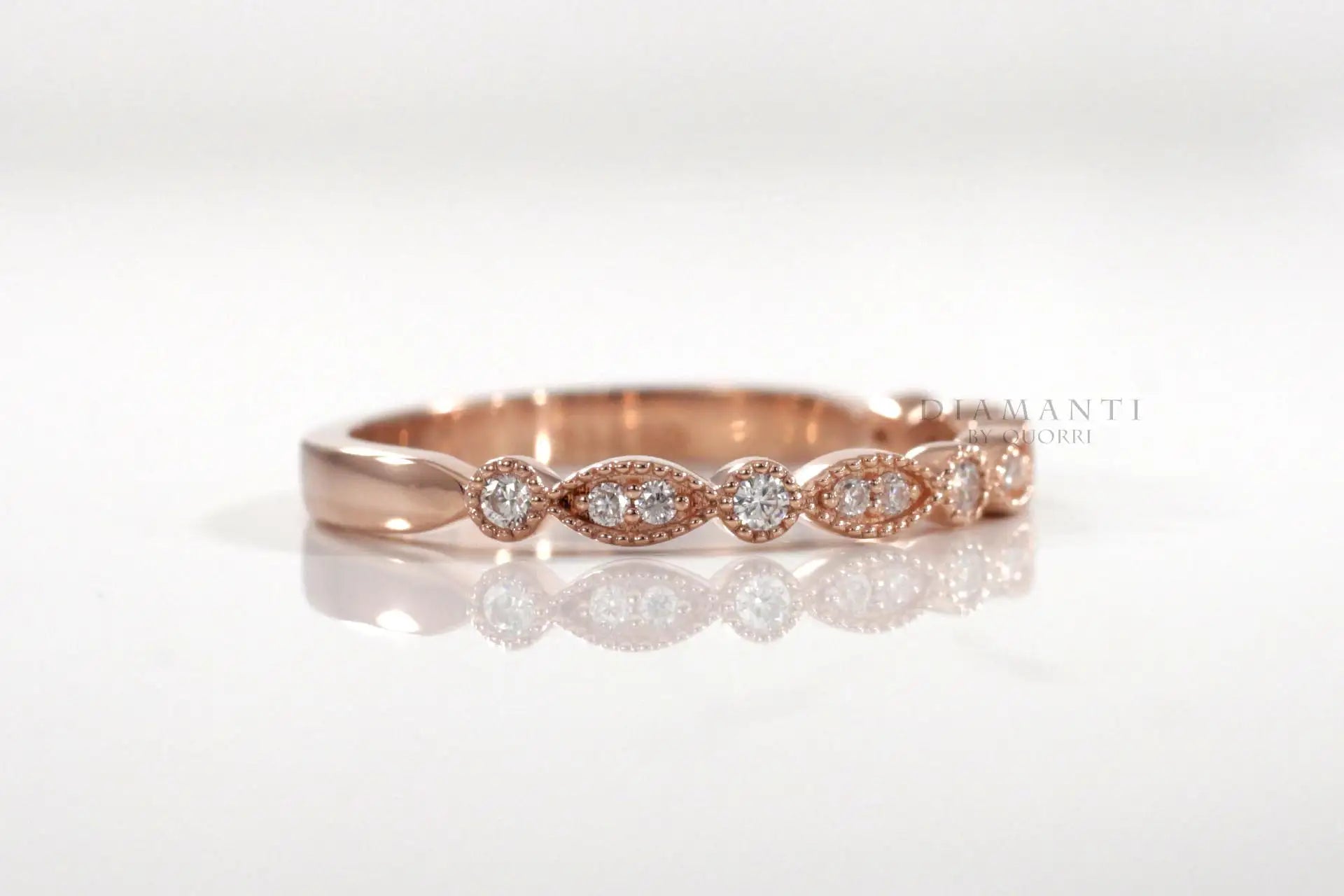affordable designer Millgrain round and eye shape 18k rose gold lab grown diamond wedding band Quorri