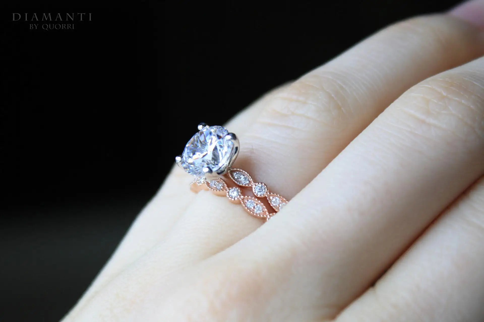 designer Millgrain round and eye shape rose gold 2 carat lab diamond ring and wedding band Quorri