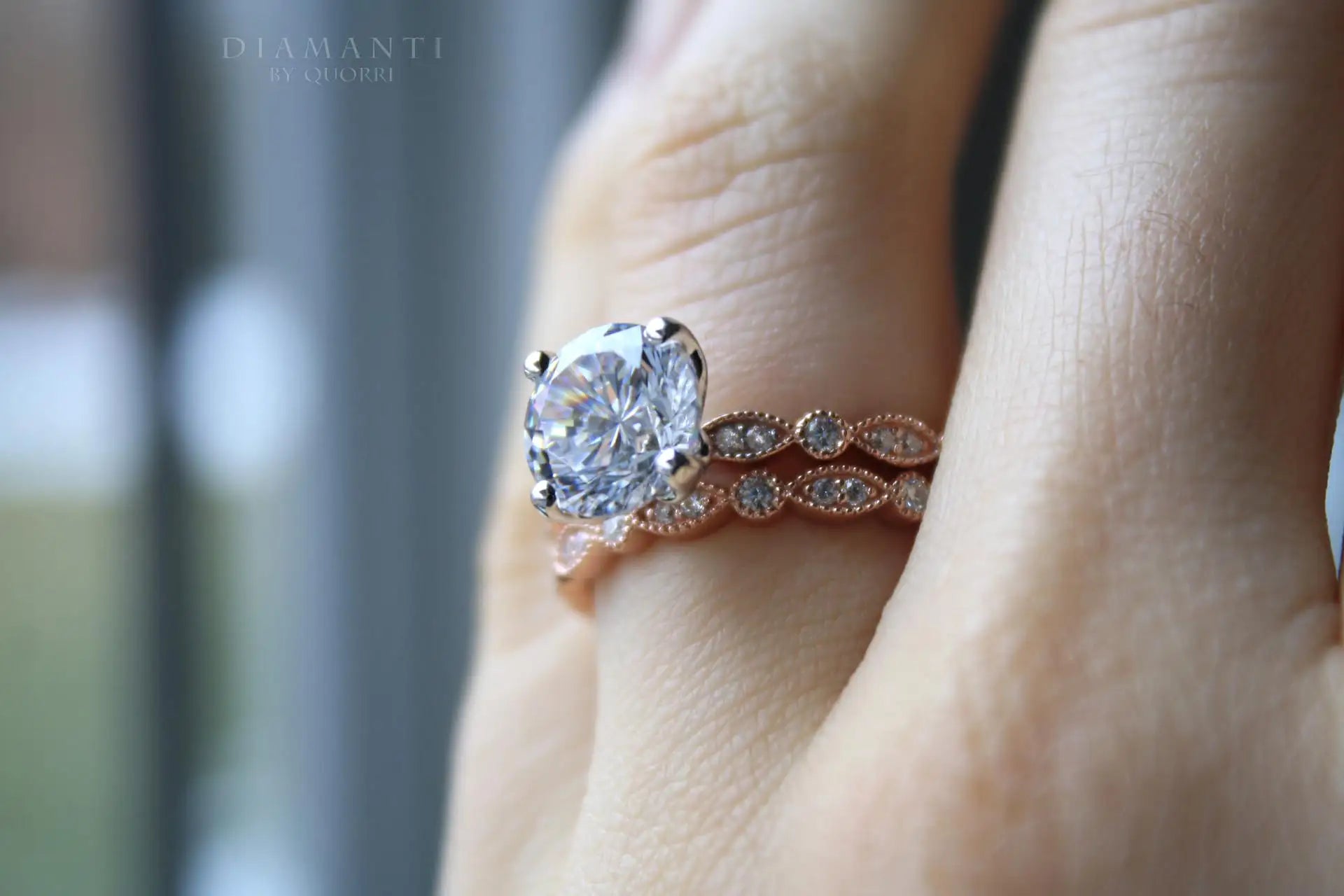 3 carat designer Millgrain round and eye shape 18k rose gold diamond engagement ring and wedding band set Quorri