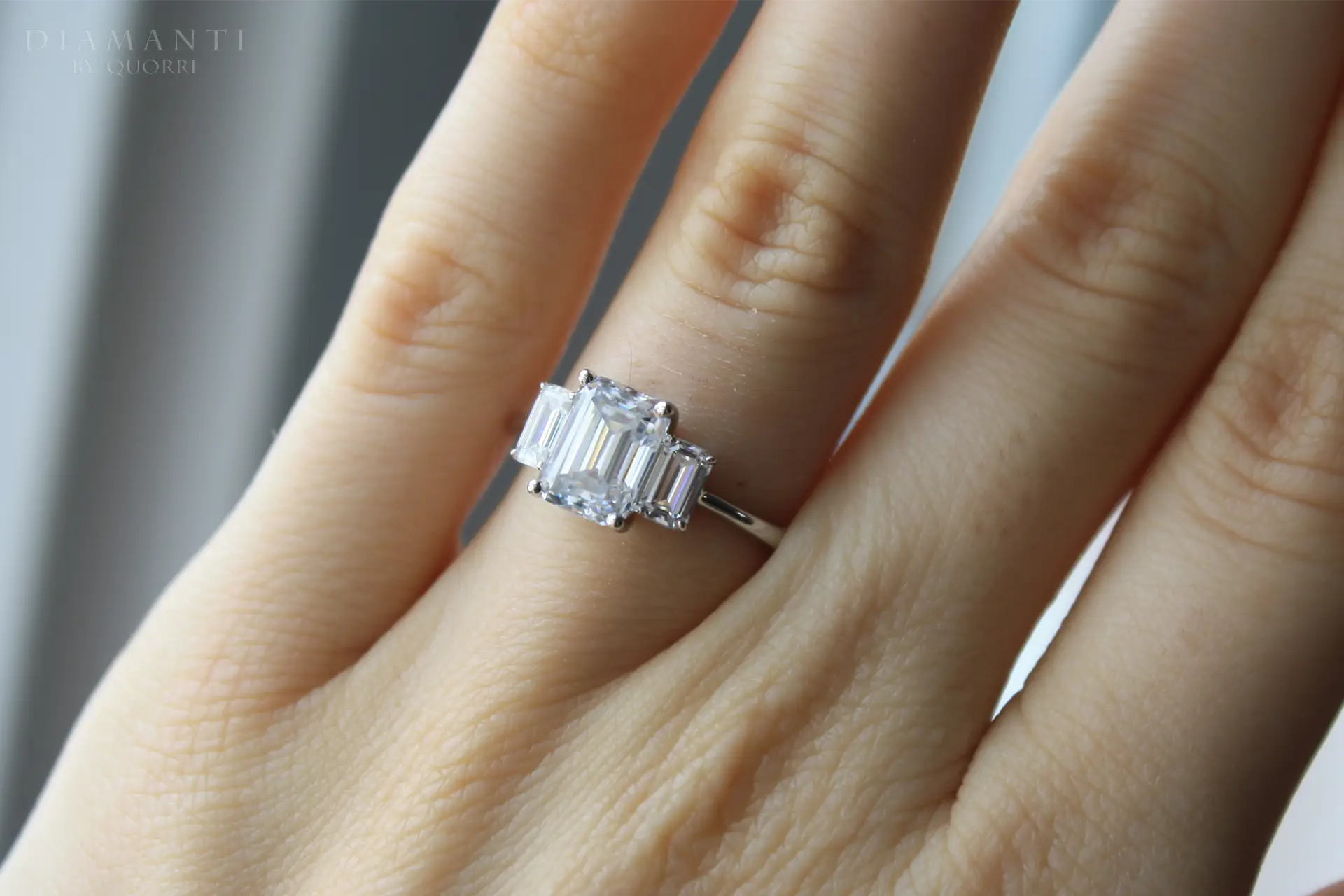 2 carat three stone claw prong emerald lab created diamond engagement ring Quorri