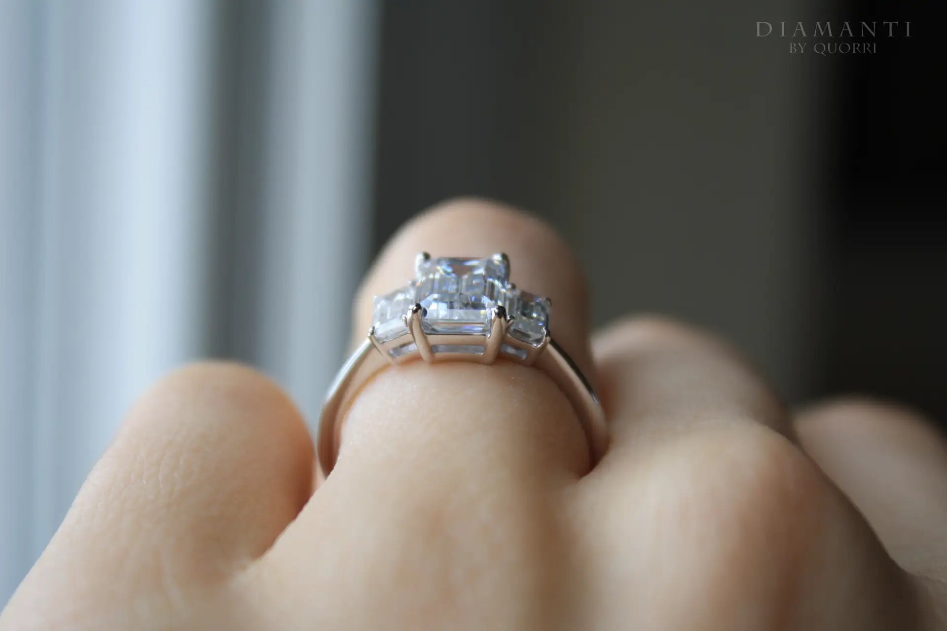 18k white gold three stone claw prong 1.5 carat emerald lab diamond engagement ring Quorri