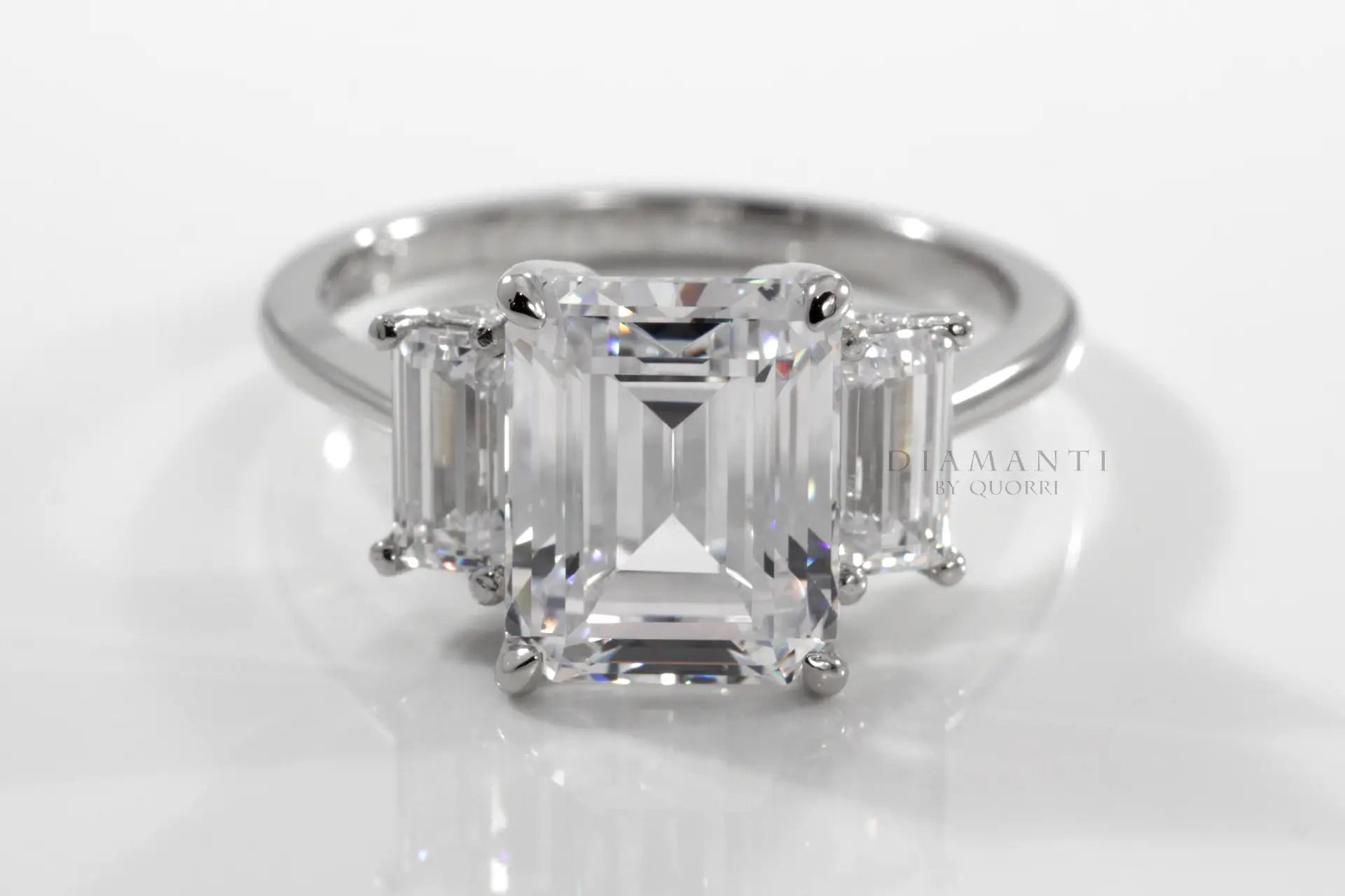 14k white gold three stone claw prong 3 carat emerald lab diamond engagement ring