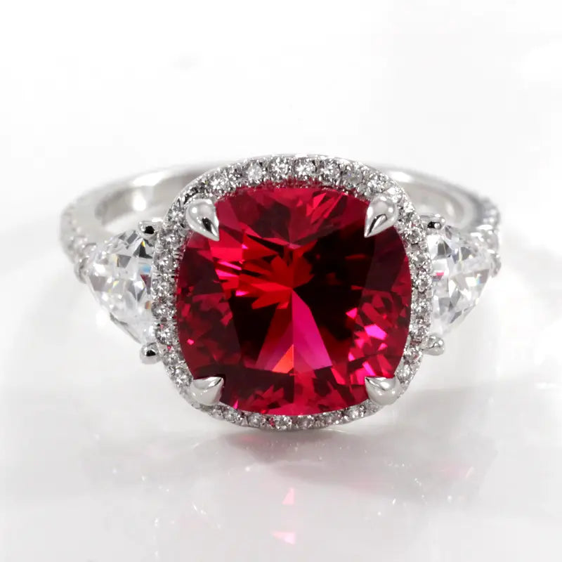 claw prong cushion cut blood red cultured lab grown ruby halo ring