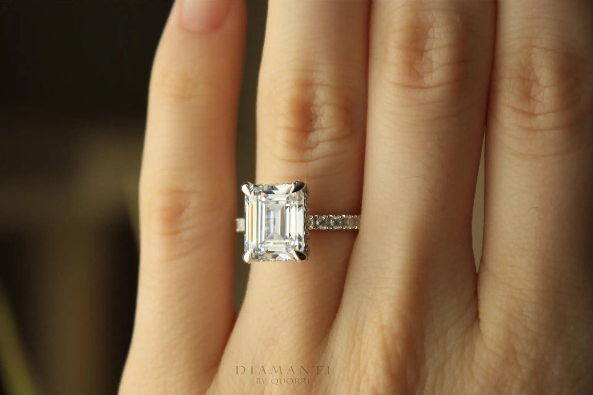 4 carat platinum claw prong under-halo emerald lab diamond engagement ring Quorri