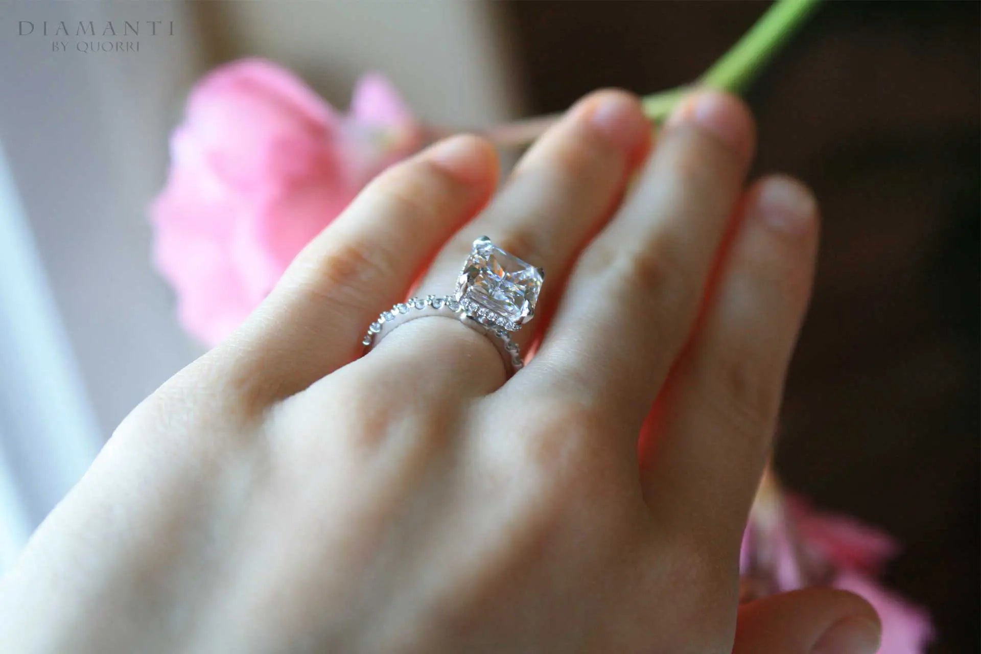 designer claw prong under-halo 3 carat emerald lab diamond engagement ring Quorri