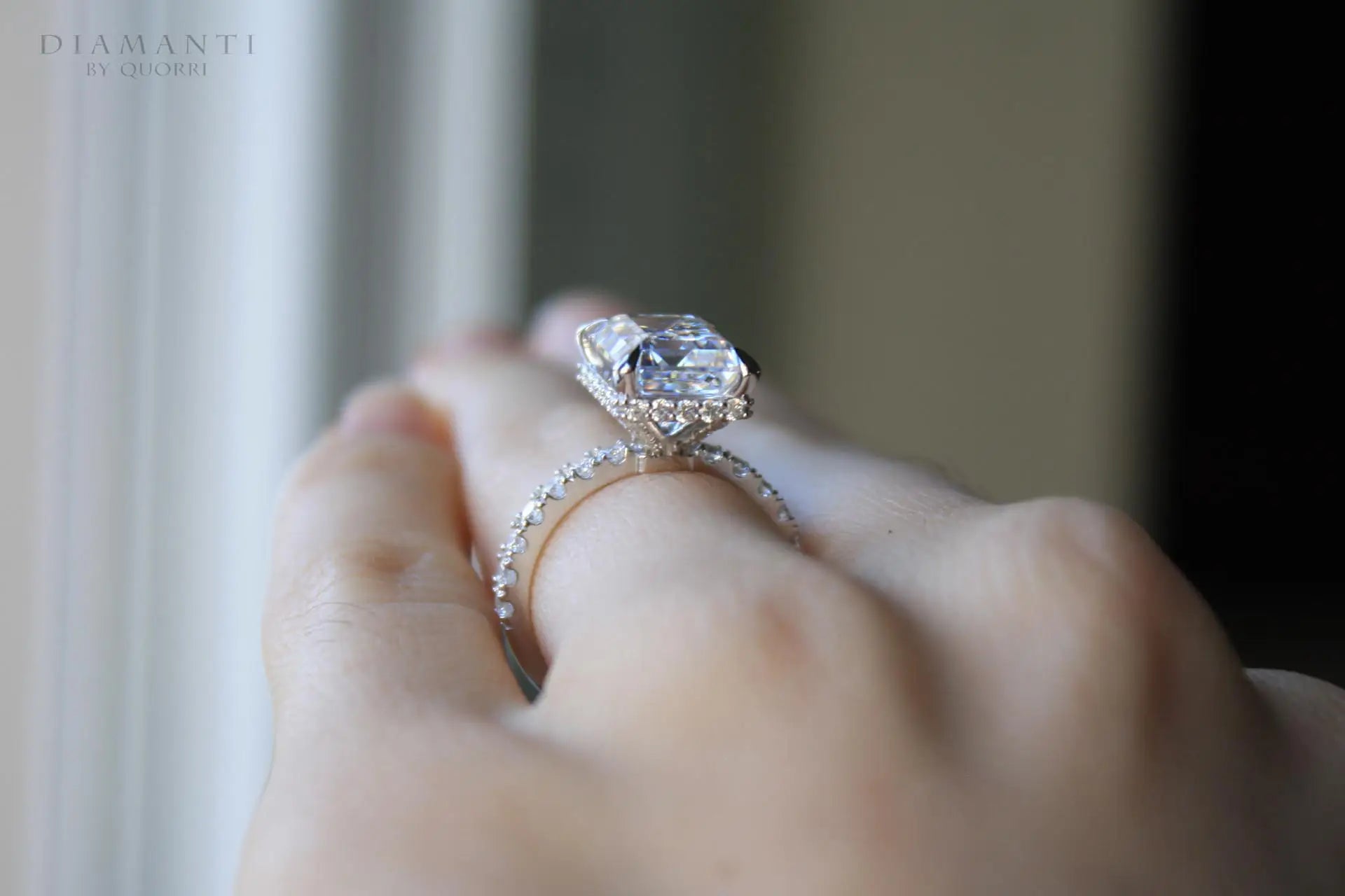 14k white gold 4 claw prong under-halo radiant lab diamond engagement ring Quorri