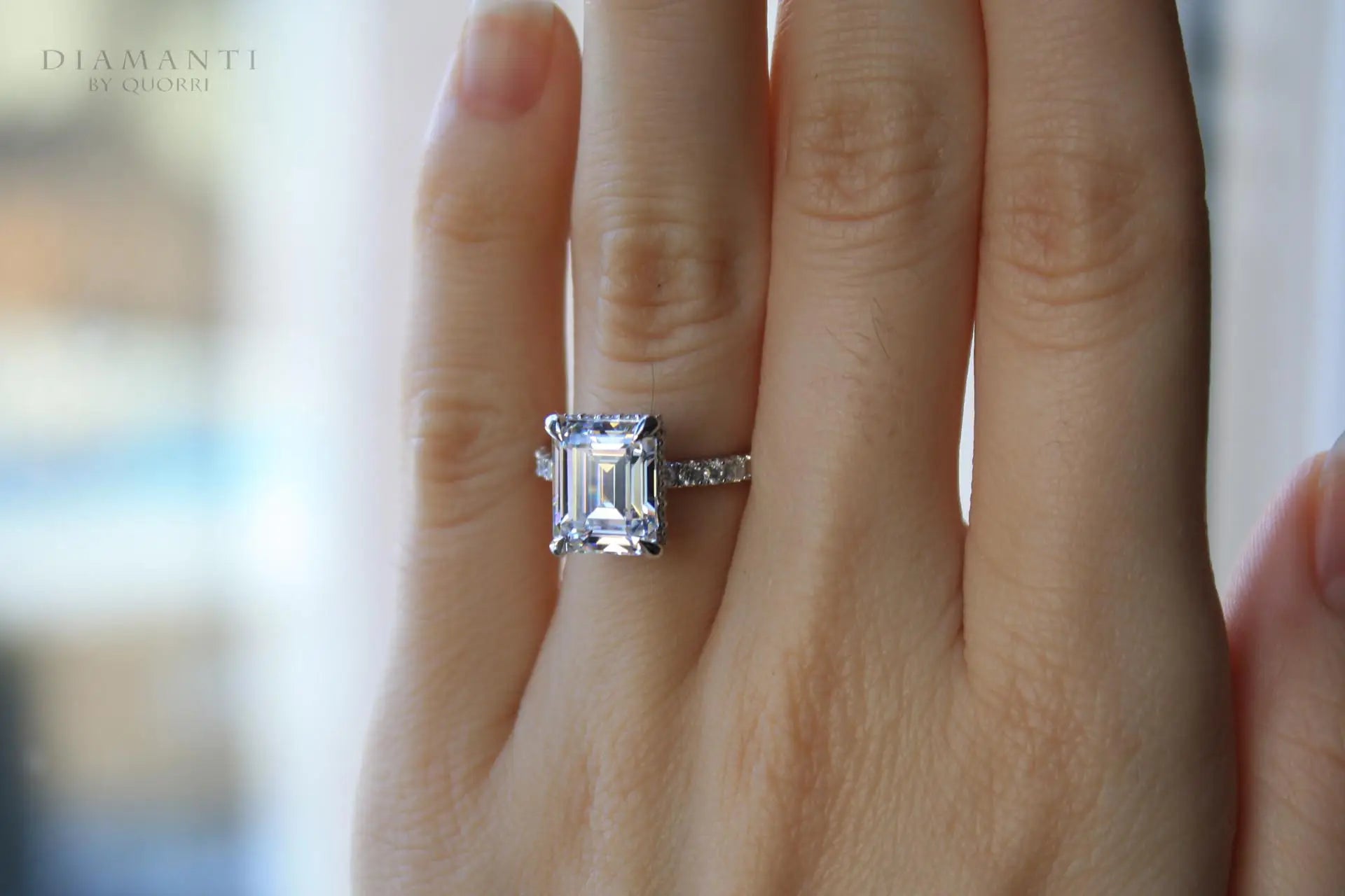 4 carat white gold claw prong under-halo emerald lab diamond engagement ring Quorri