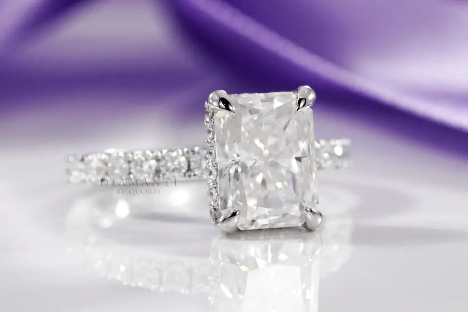 claw prong under-halo radiant lab diamond engagement ring Quorri