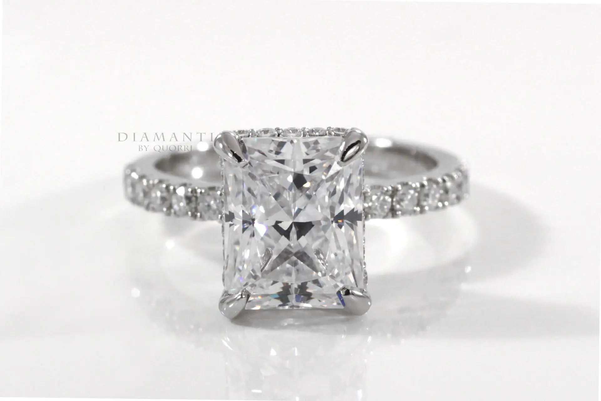 4 carat platinum claw prong under-halo radiant lab diamond engagement ring Quorri