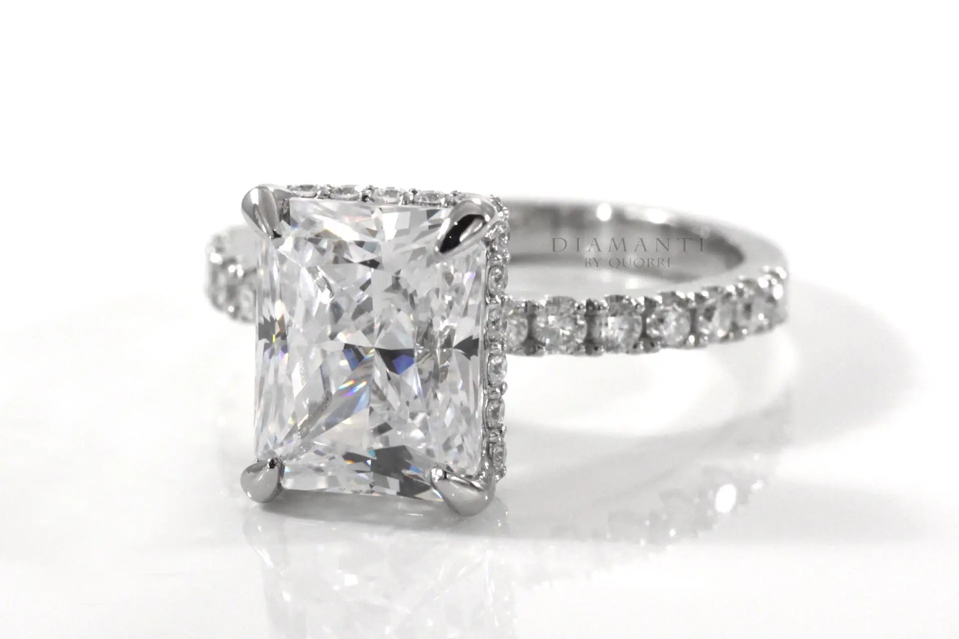 claw prong under-halo 3 carat radiant lab grown diamond engagement ring Quorri
