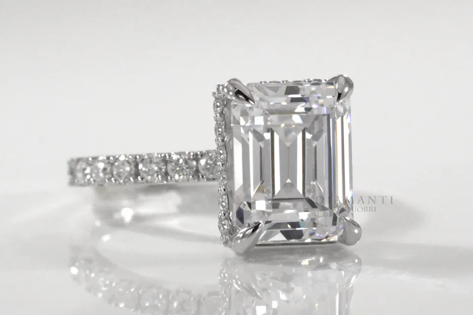 four claw prong under-halo 4 carat emerald lab diamond engagement ring Quorri
