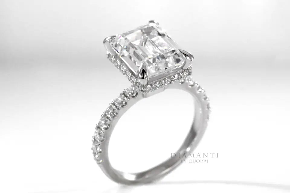 4 carat claw prong under-halo 18k white gold radiant lab diamond engagement ring Quorri