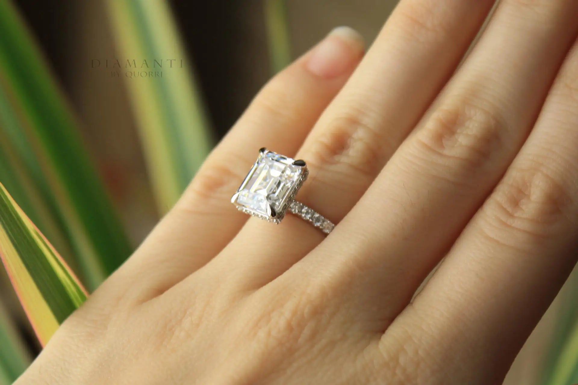 4 claw prong under-halo 3.5 carat emerald lab grown diamond engagement ring Quorri
