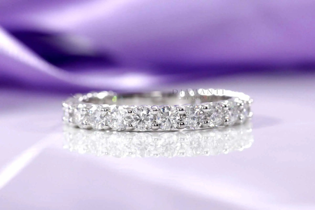 affordable white gold shared prong 2 carat round brilliant lab diamond wedding band Quorri